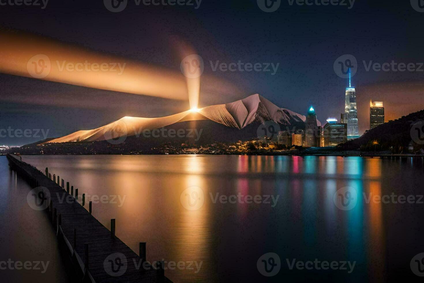 a city skyline is reflected in the water at night. AI-Generated photo