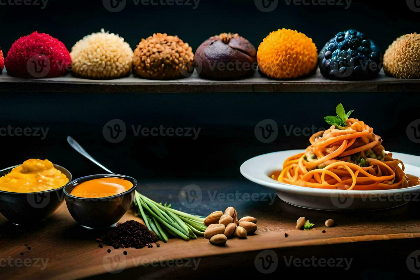 a table with various types of pasta and sauces. AI-Generated photo