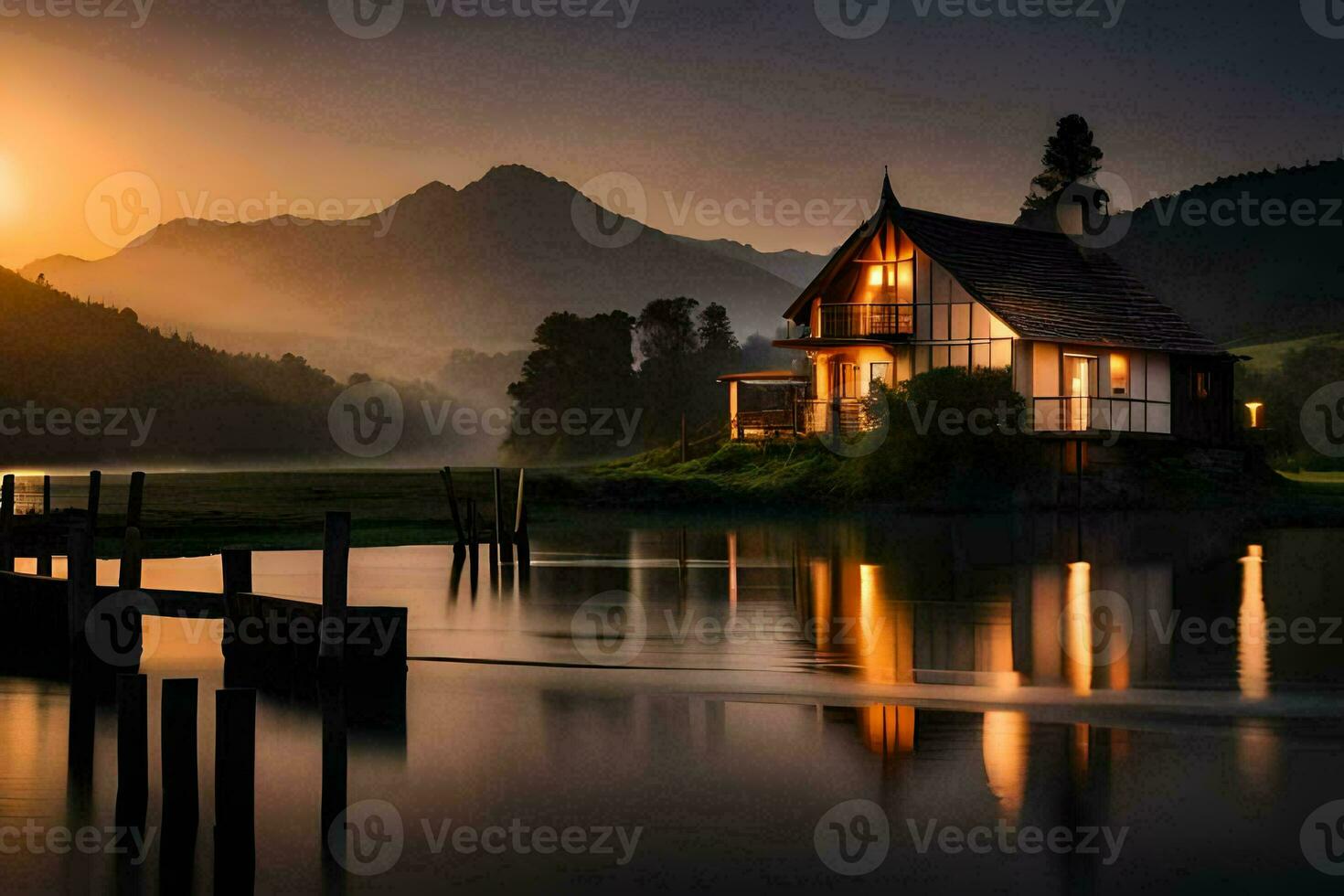 a house sits on the shore of a lake at sunset. AI-Generated photo