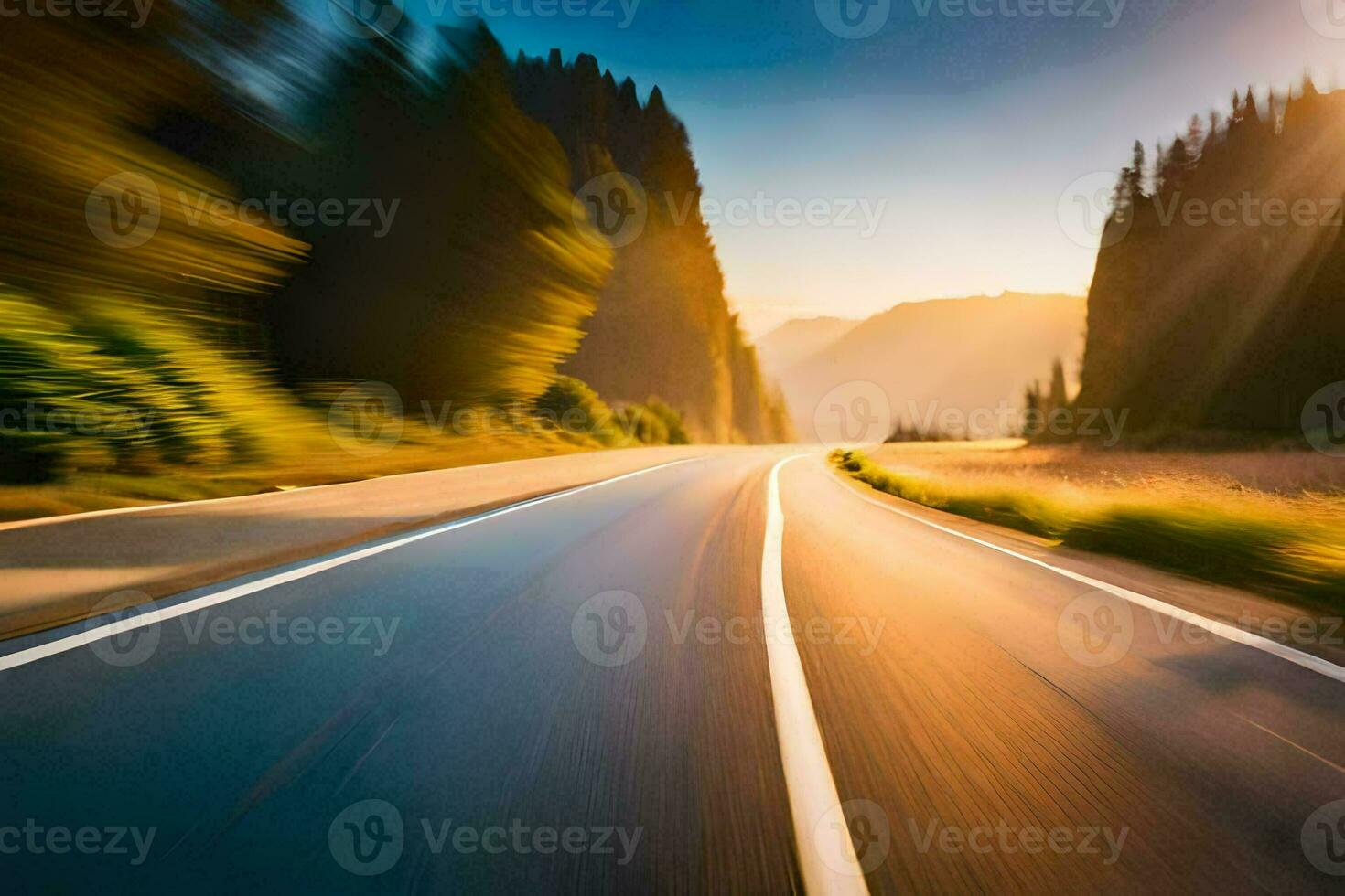 a blurry image of a road with the sun shining. AI-Generated photo