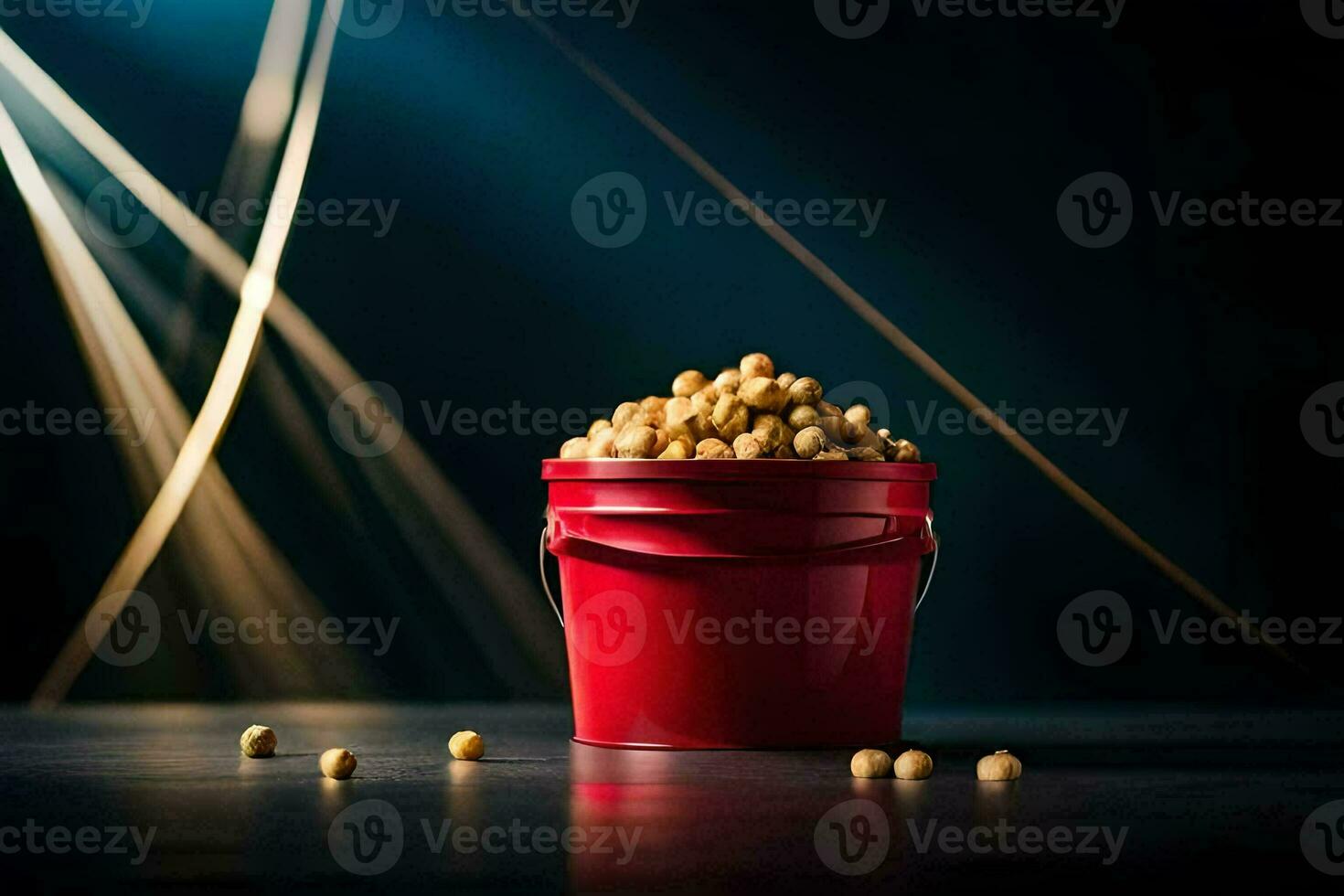 a red bucket filled with peanuts on a table. AI-Generated photo