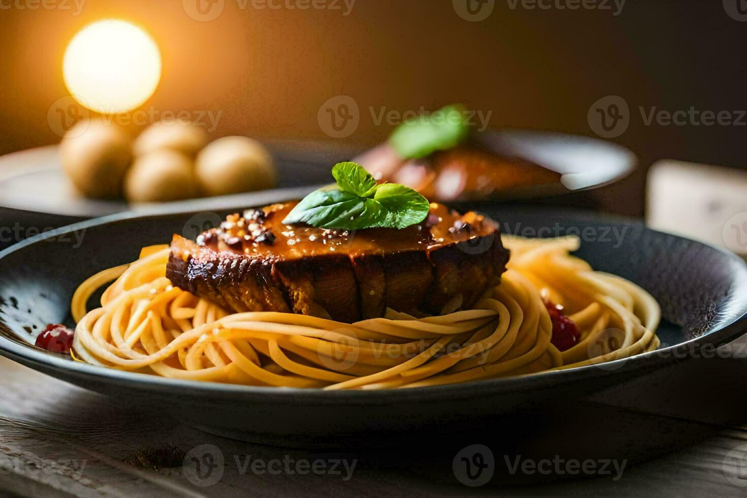 spaghetti with meat and vegetables in a black bowl. AI-Generated photo