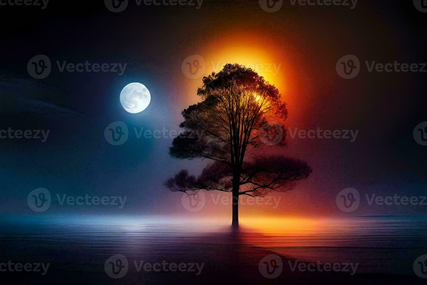 a tree in the dark with a full moon. AI-Generated photo