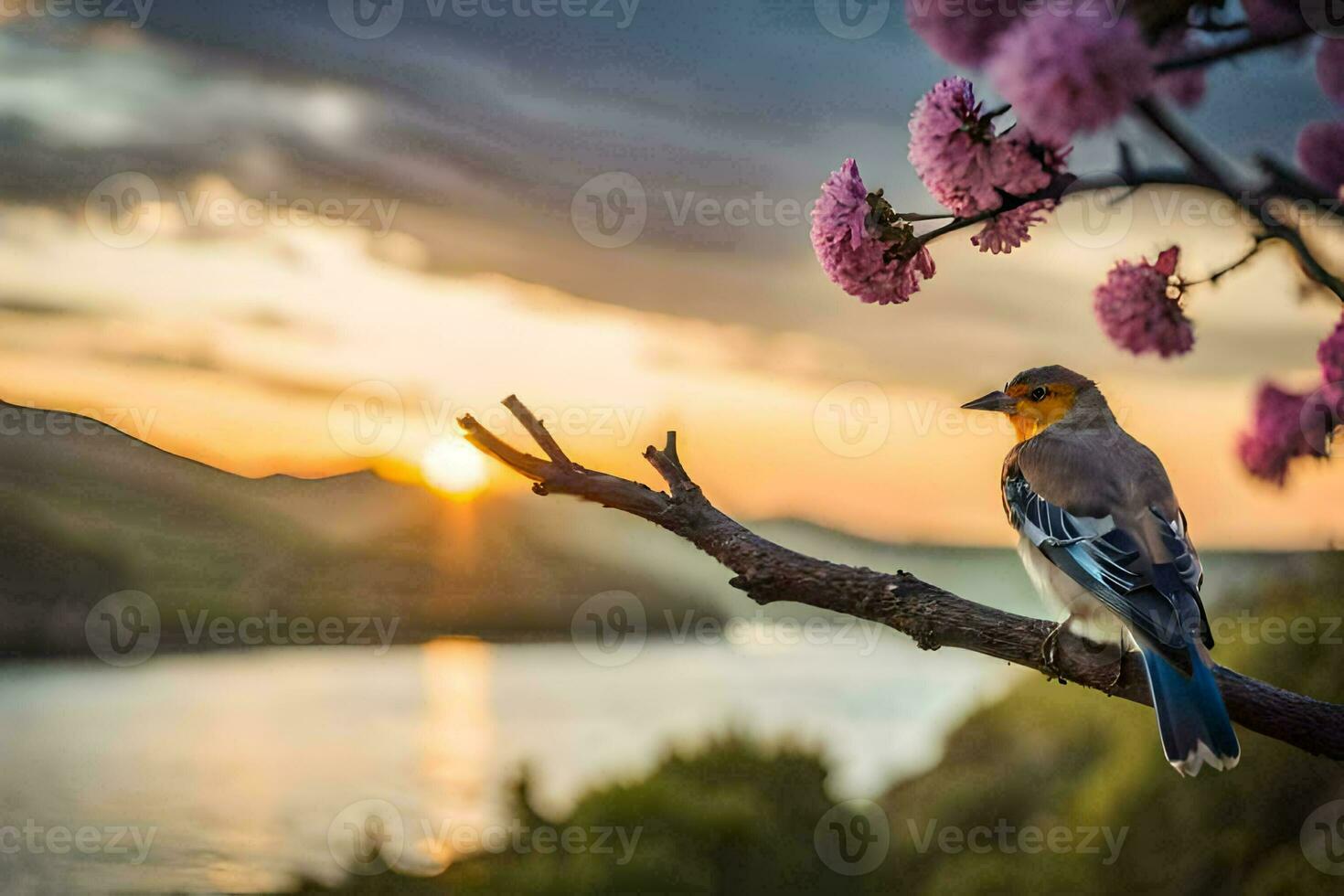 a bird sits on a branch with pink flowers at sunset. AI-Generated photo