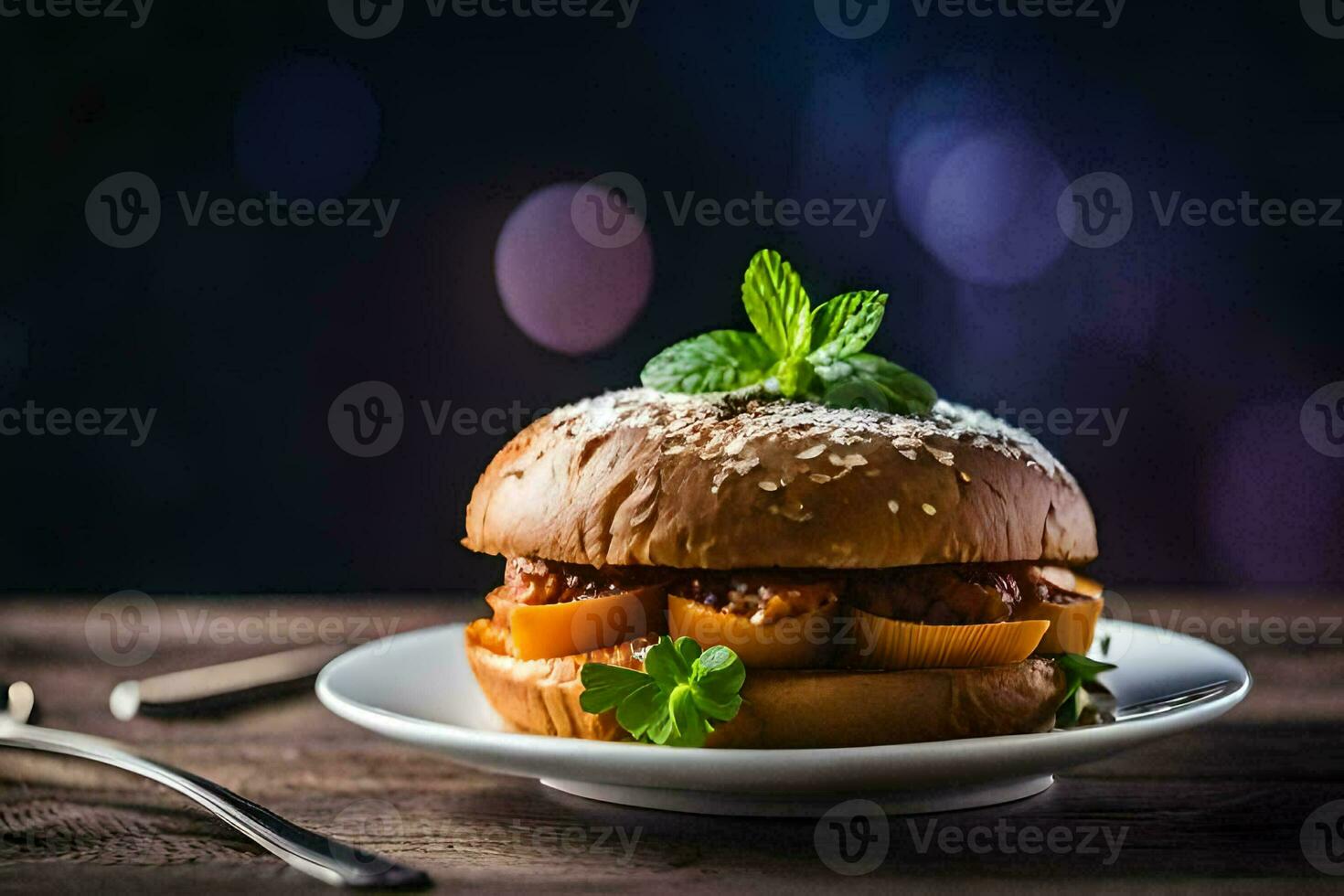 a hamburger with meat and vegetables on a plate. AI-Generated photo