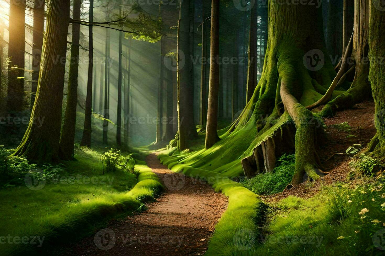 a path through a forest with trees and grass. AI-Generated photo
