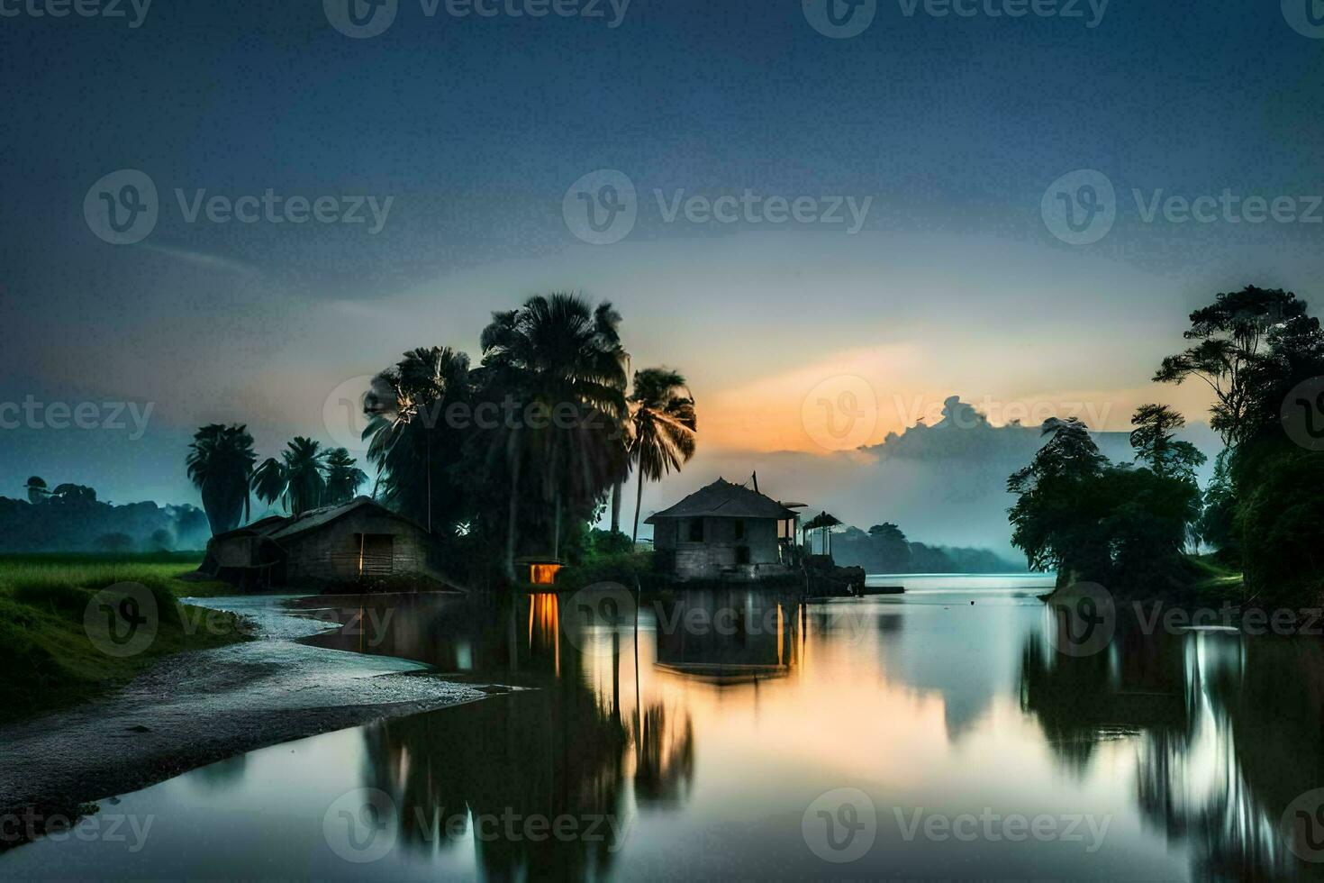 the sun sets over a river and a house. AI-Generated photo