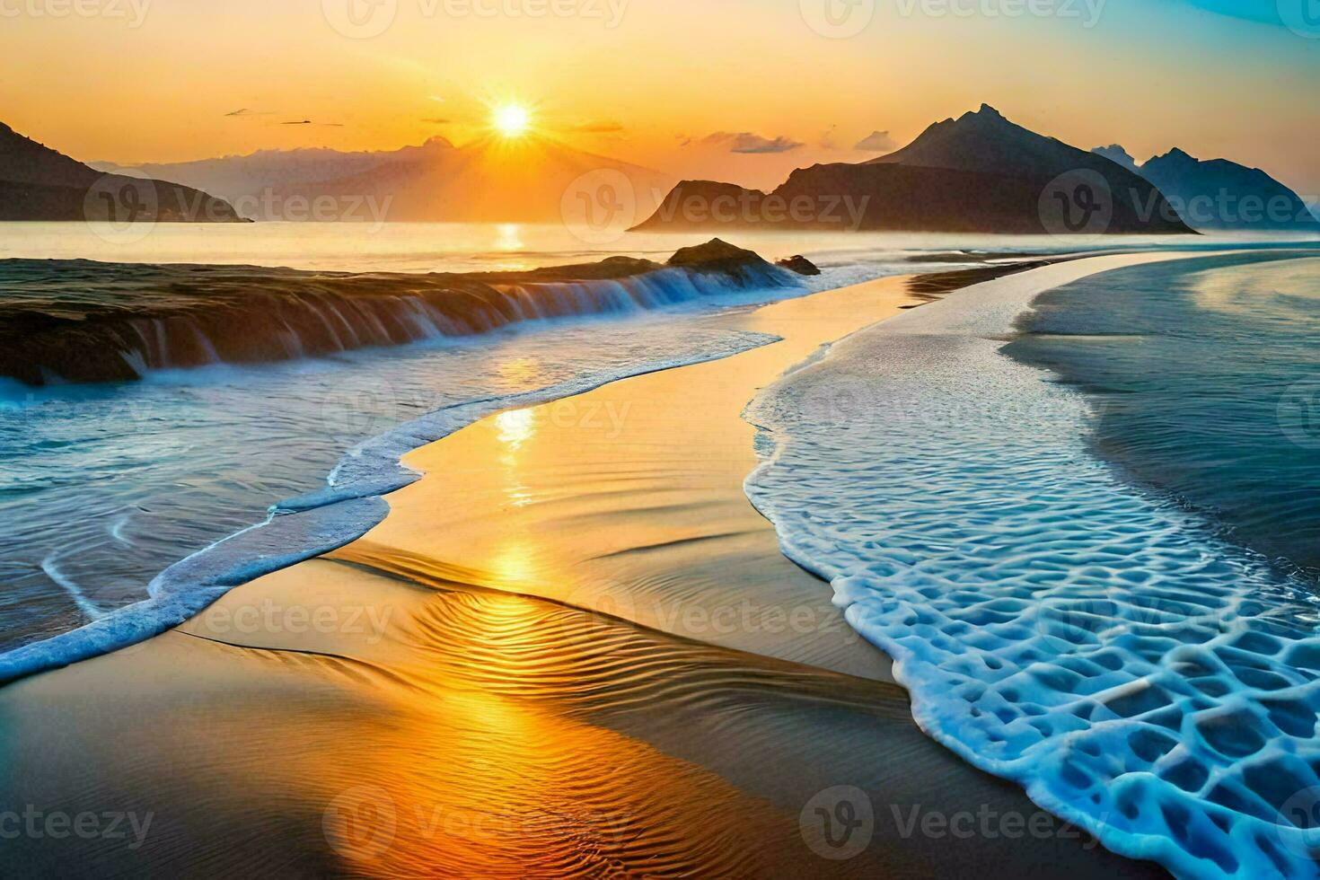 the sun sets over the ocean and waves. AI-Generated photo