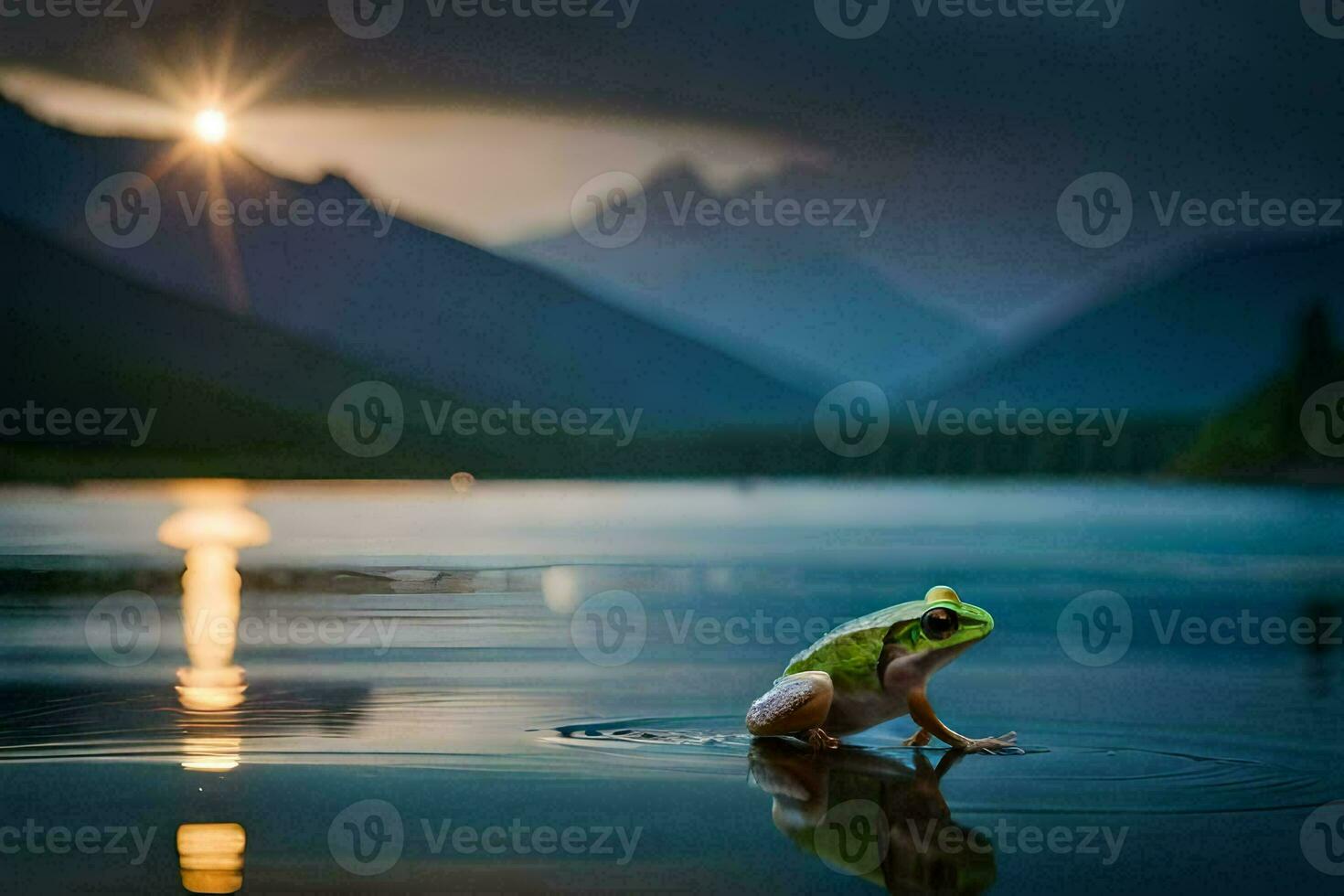 a frog is standing on the edge of a lake at sunset. AI-Generated photo