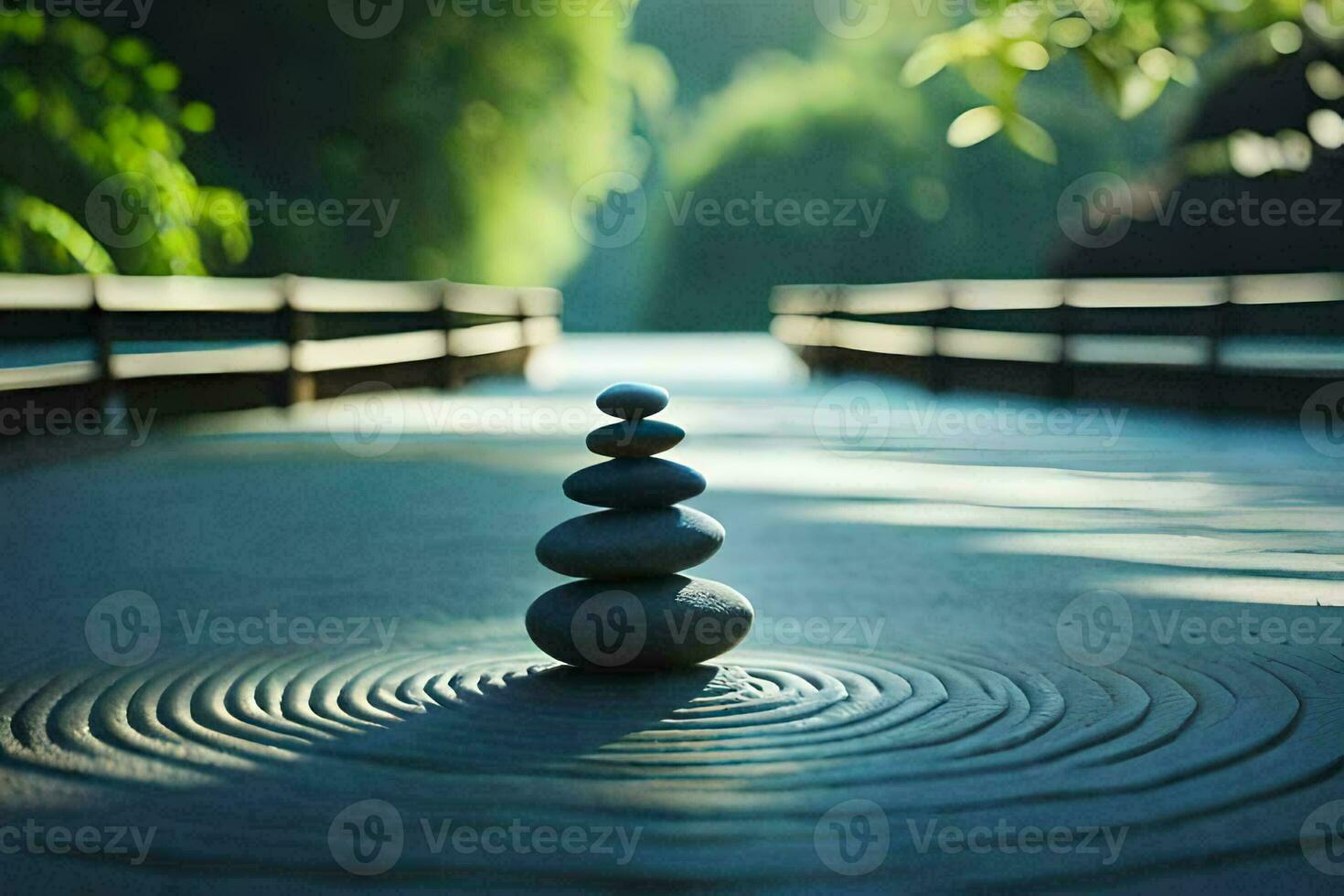 a stack of stones on a bridge in the middle of a forest. AI-Generated photo