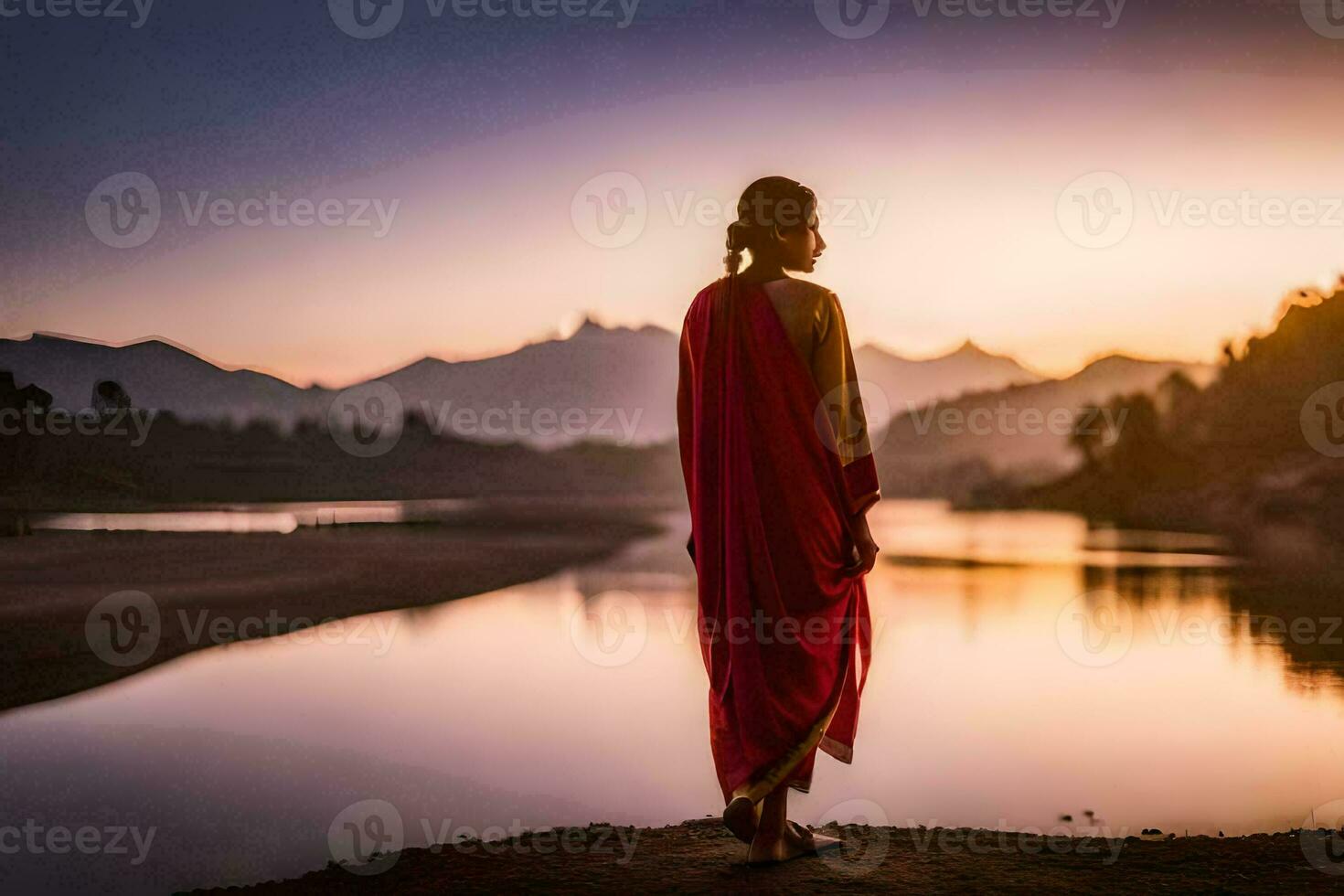 a woman in a red robe stands by the water at sunset. AI-Generated photo
