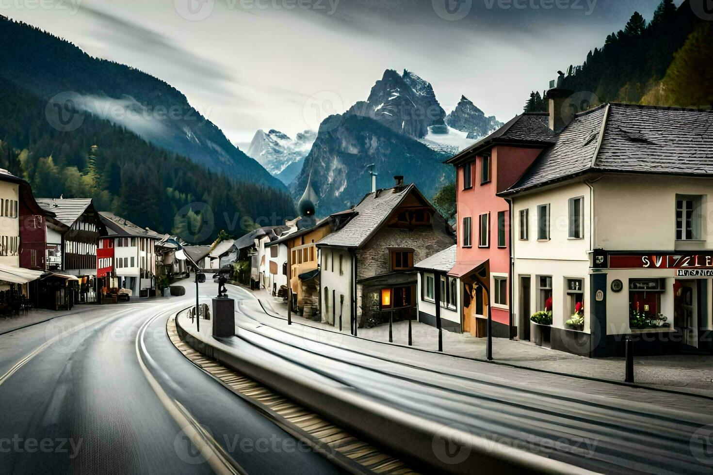 a street in the mountains with a train passing by. AI-Generated photo