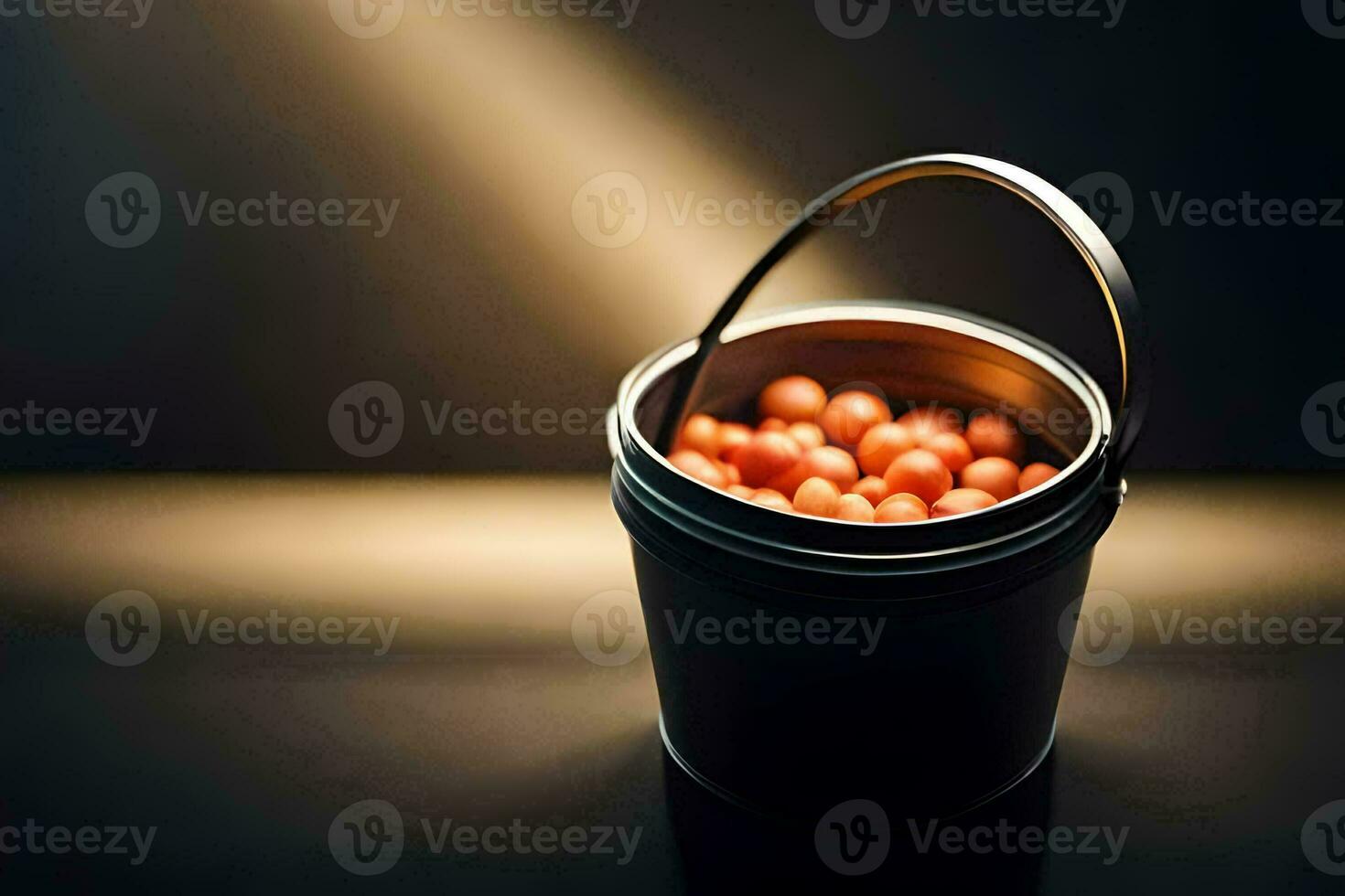 a bucket filled with red cherries on a table. AI-Generated photo