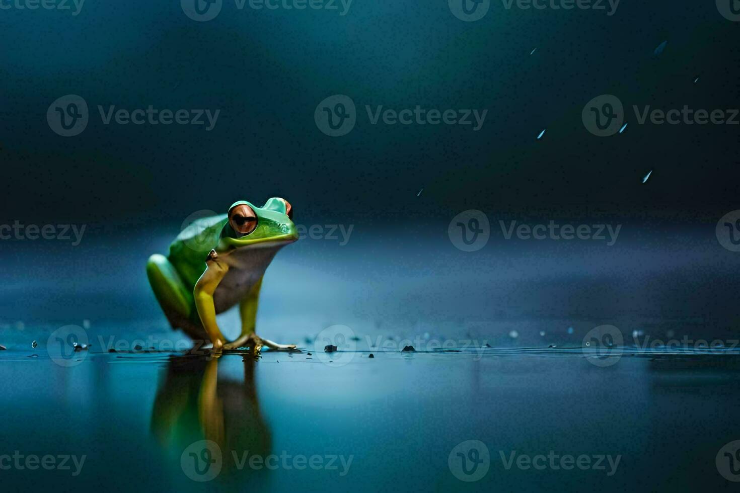 a frog sitting on the ground in the rain. AI-Generated photo
