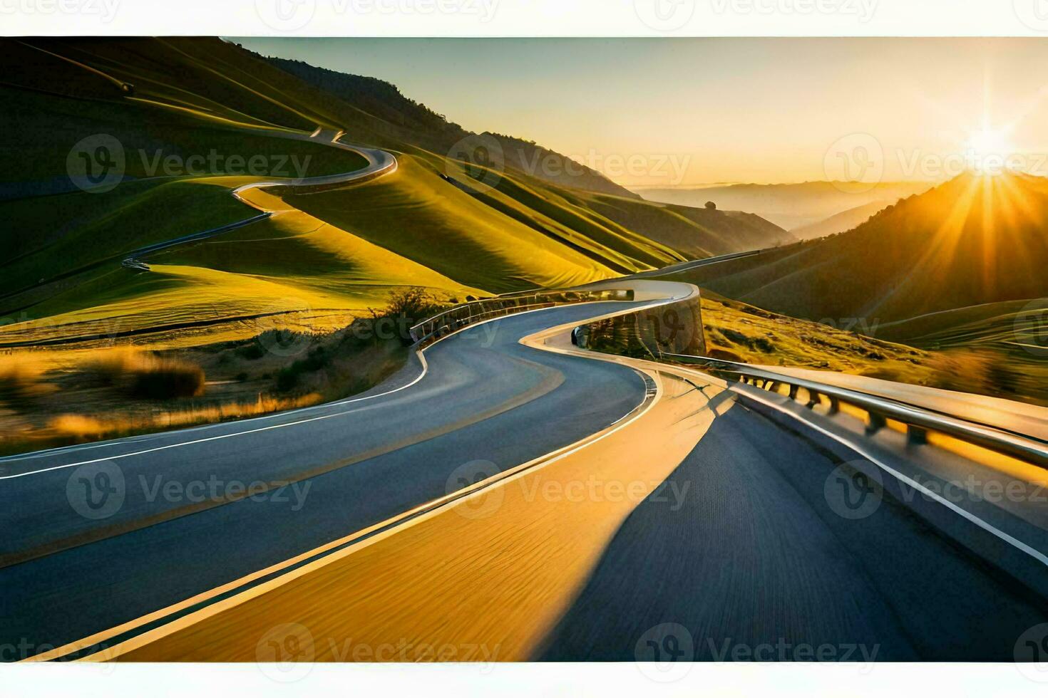the sun is setting over a winding road. AI-Generated photo