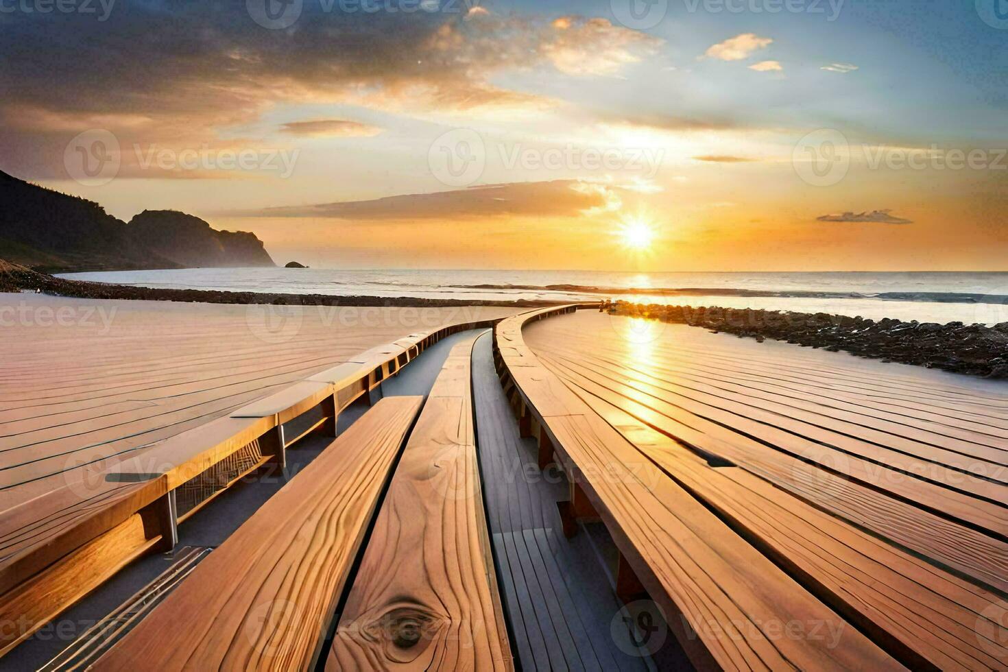 un de madera pasarela en el playa a puesta de sol. generado por ai foto