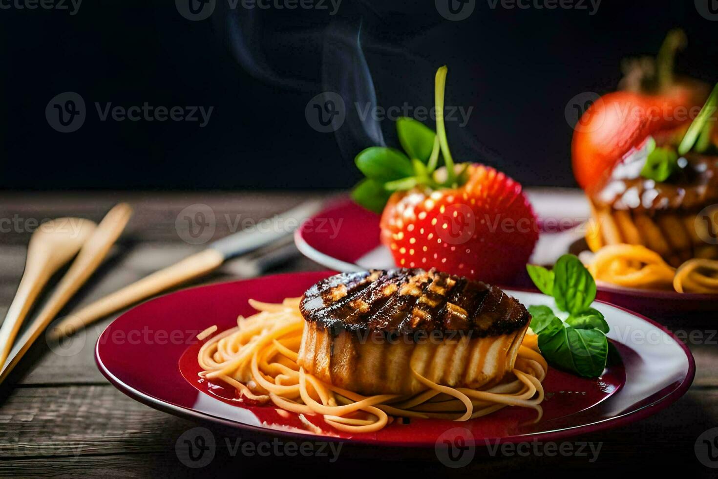 two red plates with spaghetti and strawberries. AI-Generated photo