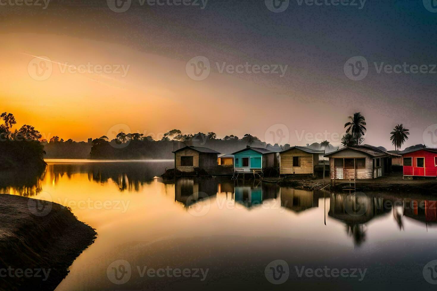 a beautiful sunrise over a lake with colorful houses. AI-Generated photo