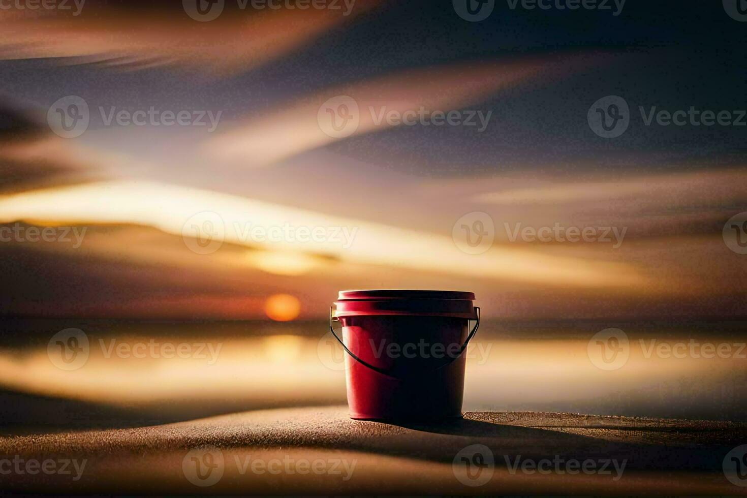 a red bucket sits on the sand at sunset. AI-Generated photo