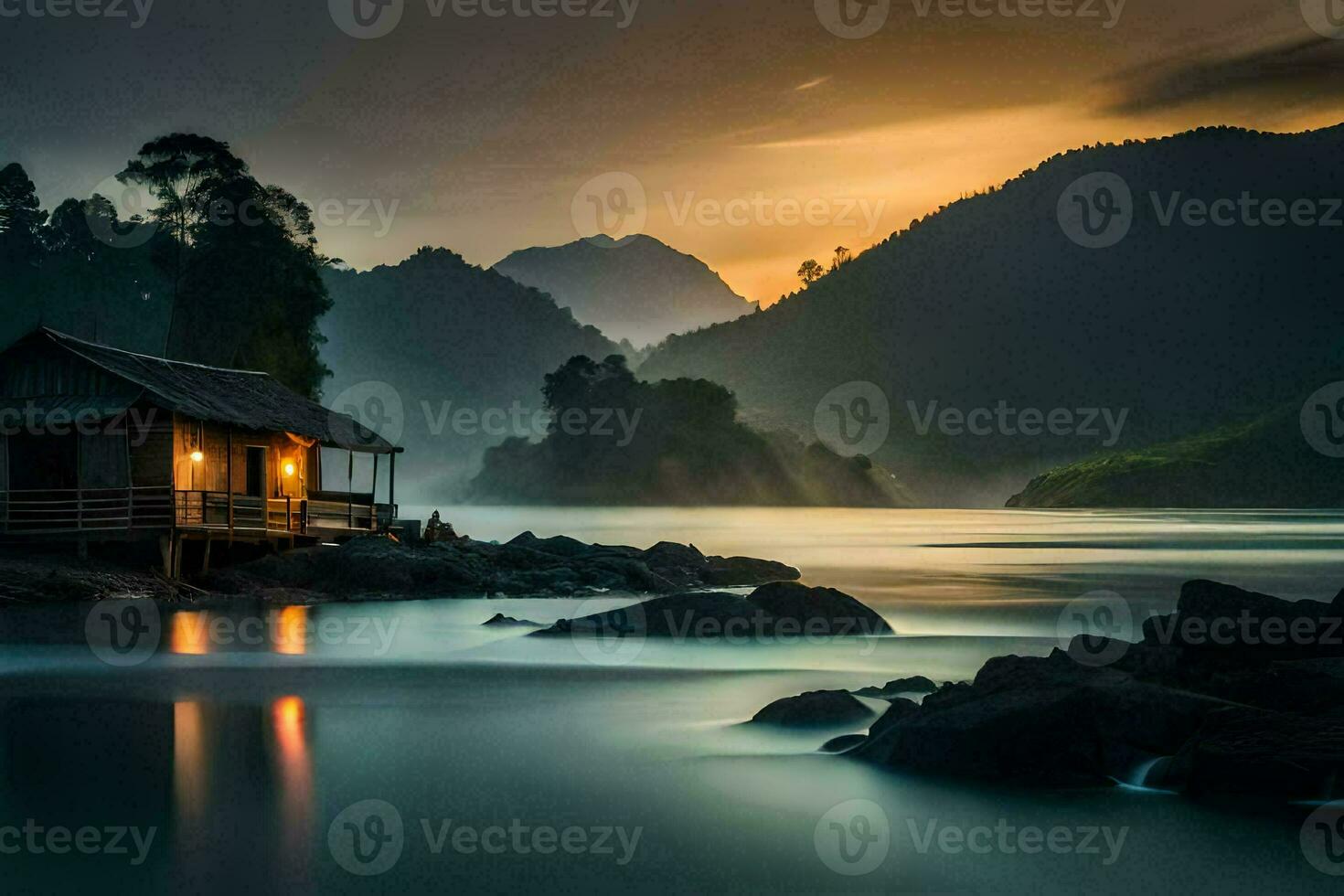 the house on the water, the lake, mountains, sunset, the house, the lake,. AI-Generated photo