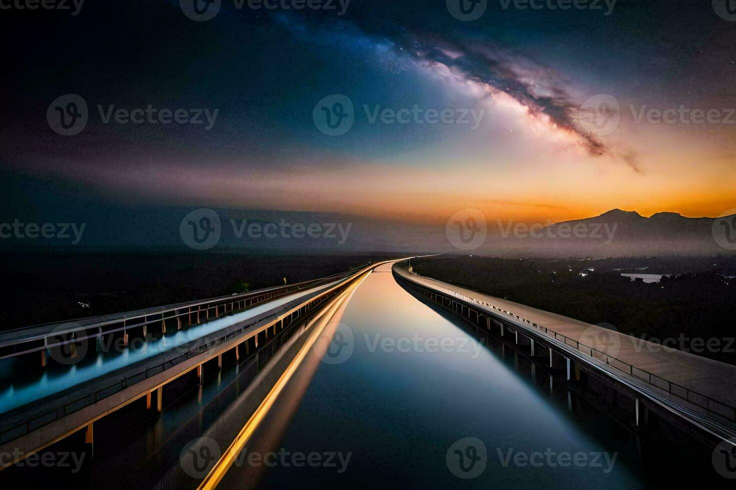 a long exposure photo of a bridge at sunset. AI-Generated