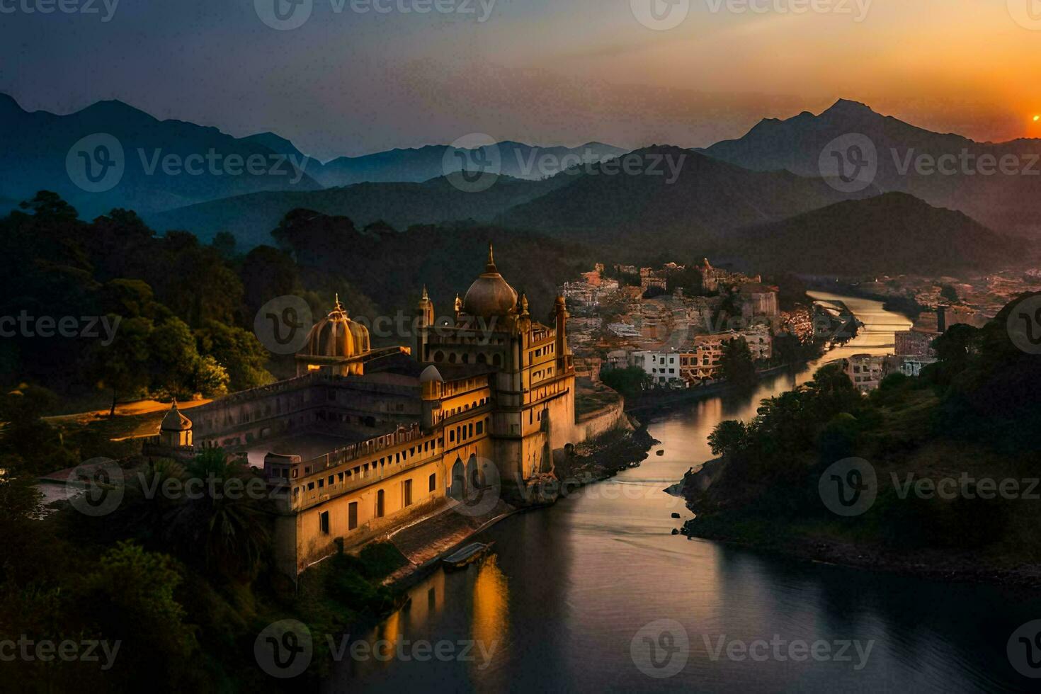 the sun sets over a river and a city. AI-Generated photo