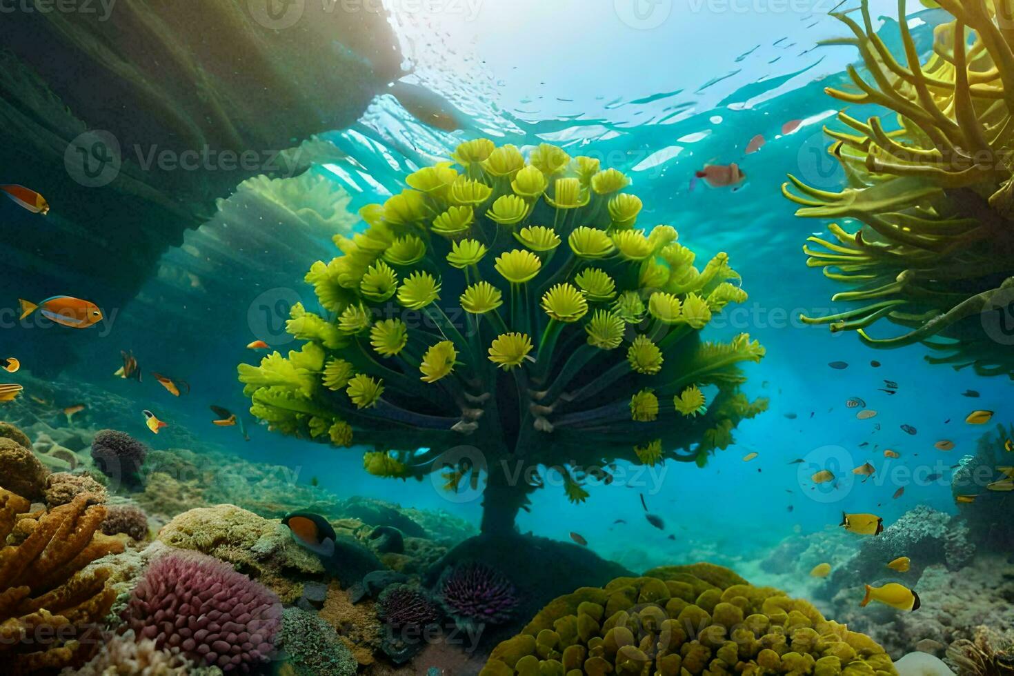 un coral arrecife con muchos diferente tipos de pez. generado por ai foto