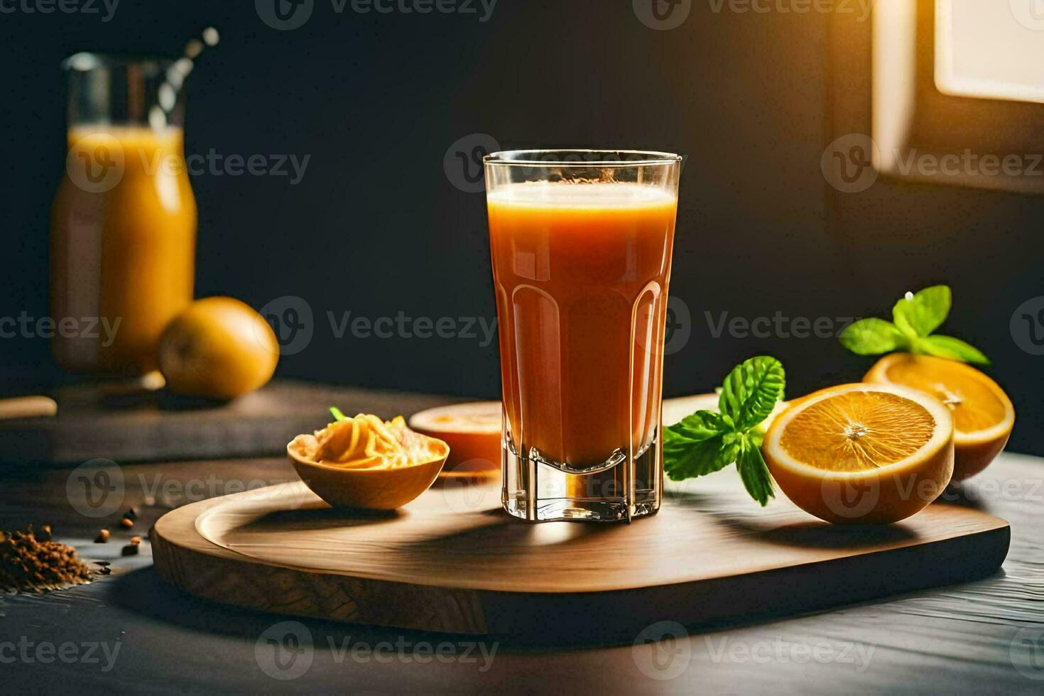 orange juice in a glass on a wooden table. AI-Generated photo