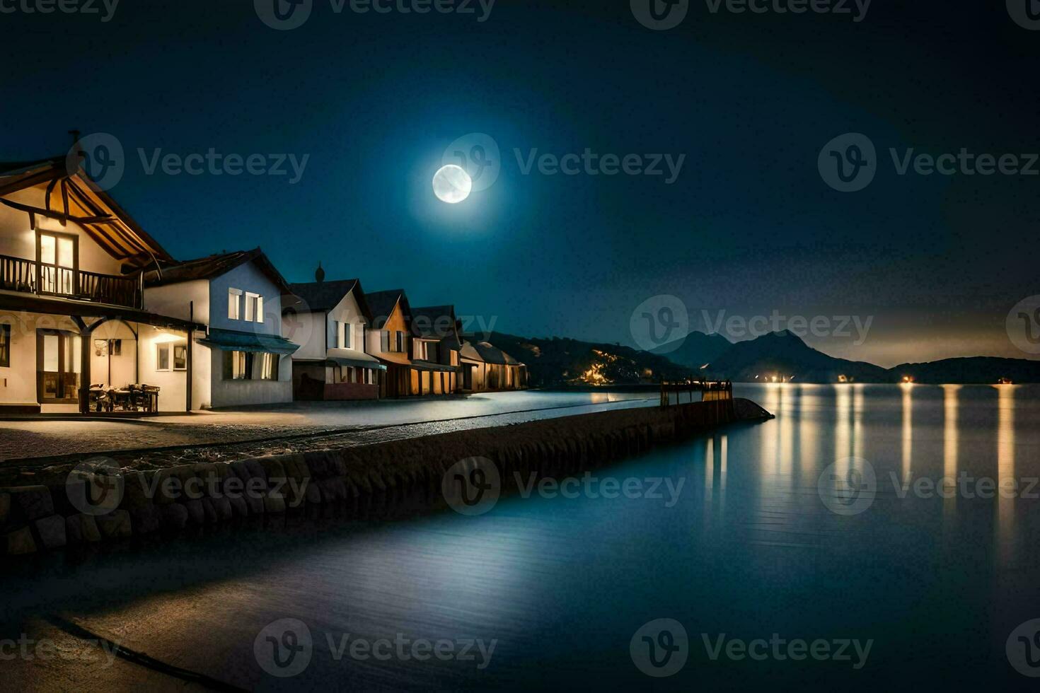 a moonlit night scene with houses on the shore. AI-Generated photo