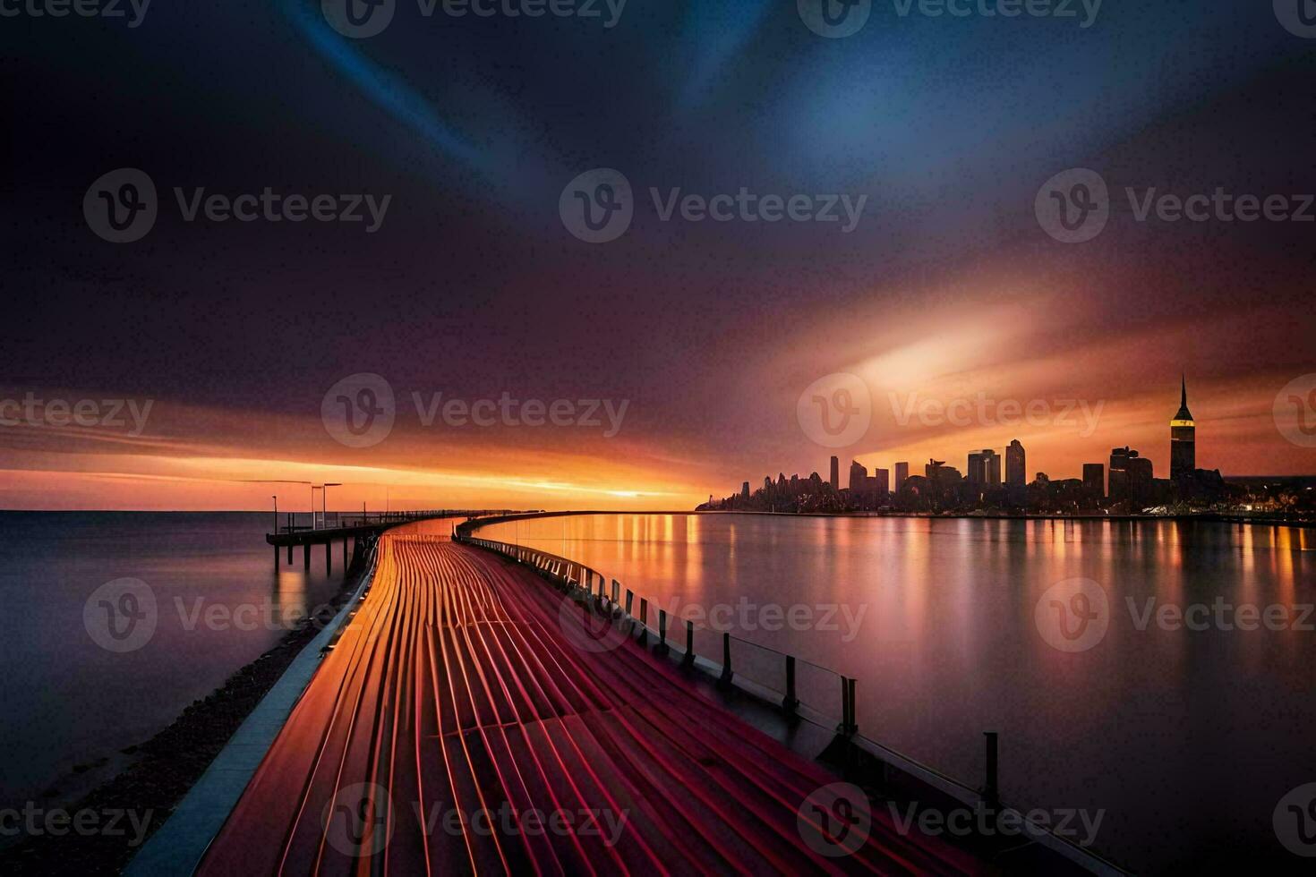 a long exposure photograph of a city skyline at sunset. AI-Generated photo