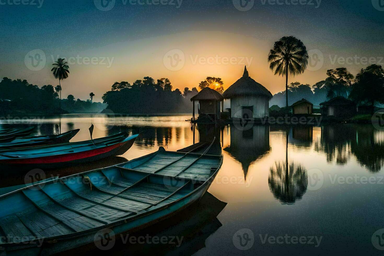 barcos atracado en el agua a puesta de sol. generado por ai foto