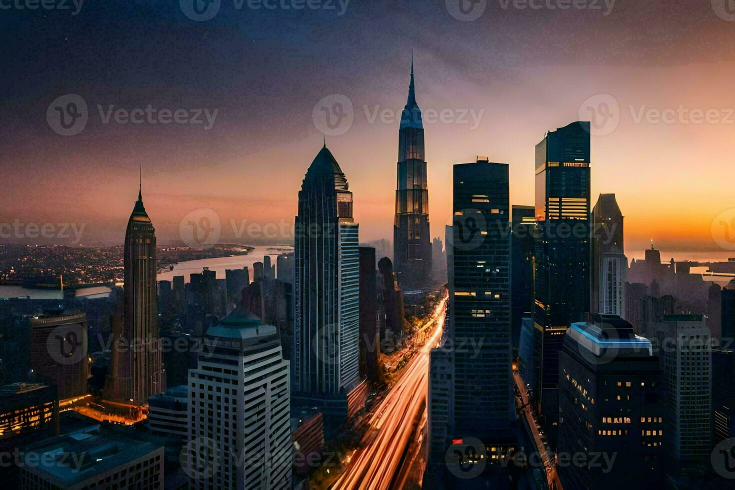 the city skyline at sunset in new york. AI-Generated photo