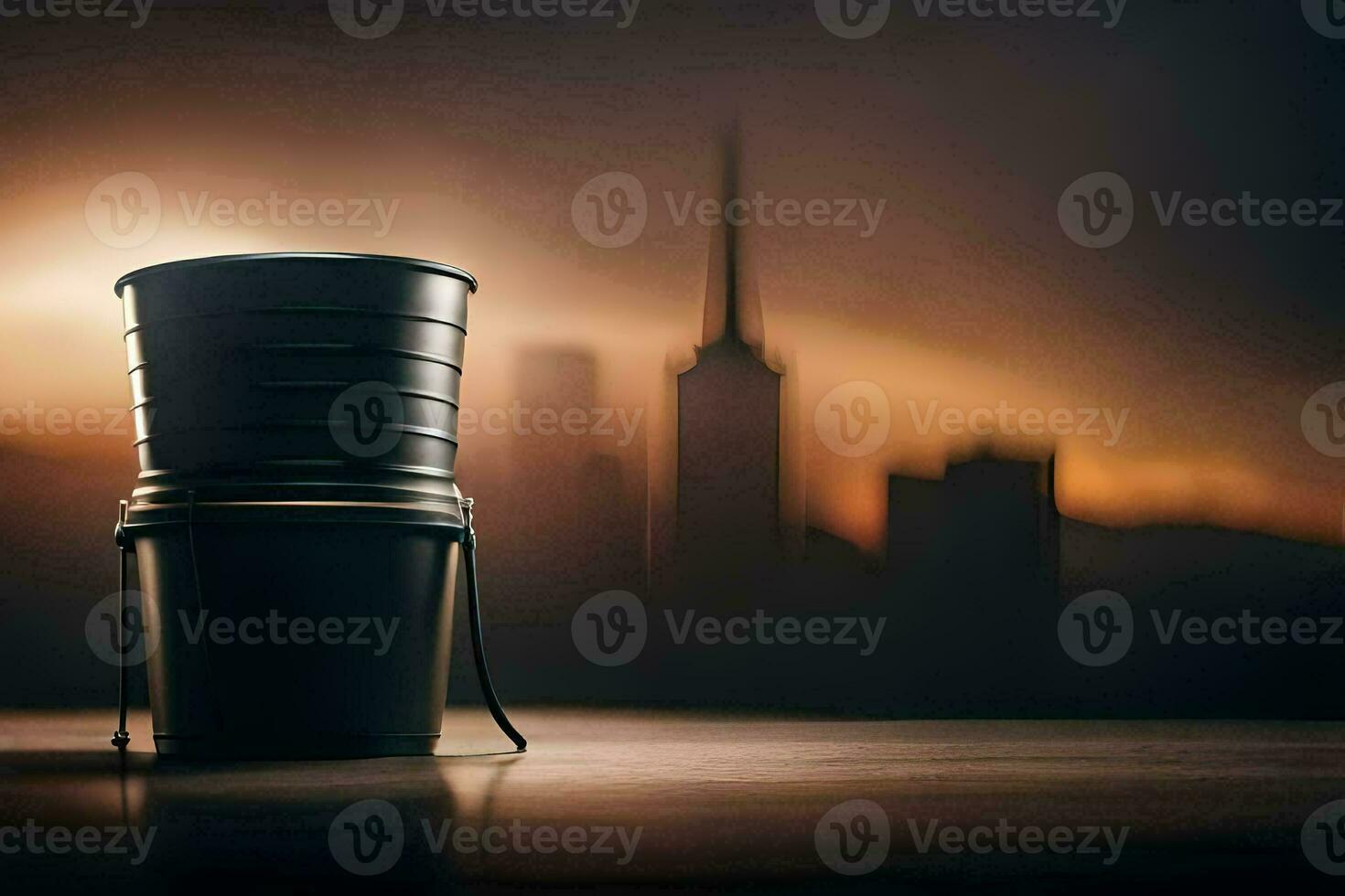 a black bucket sitting on a table in front of a city skyline. AI-Generated photo