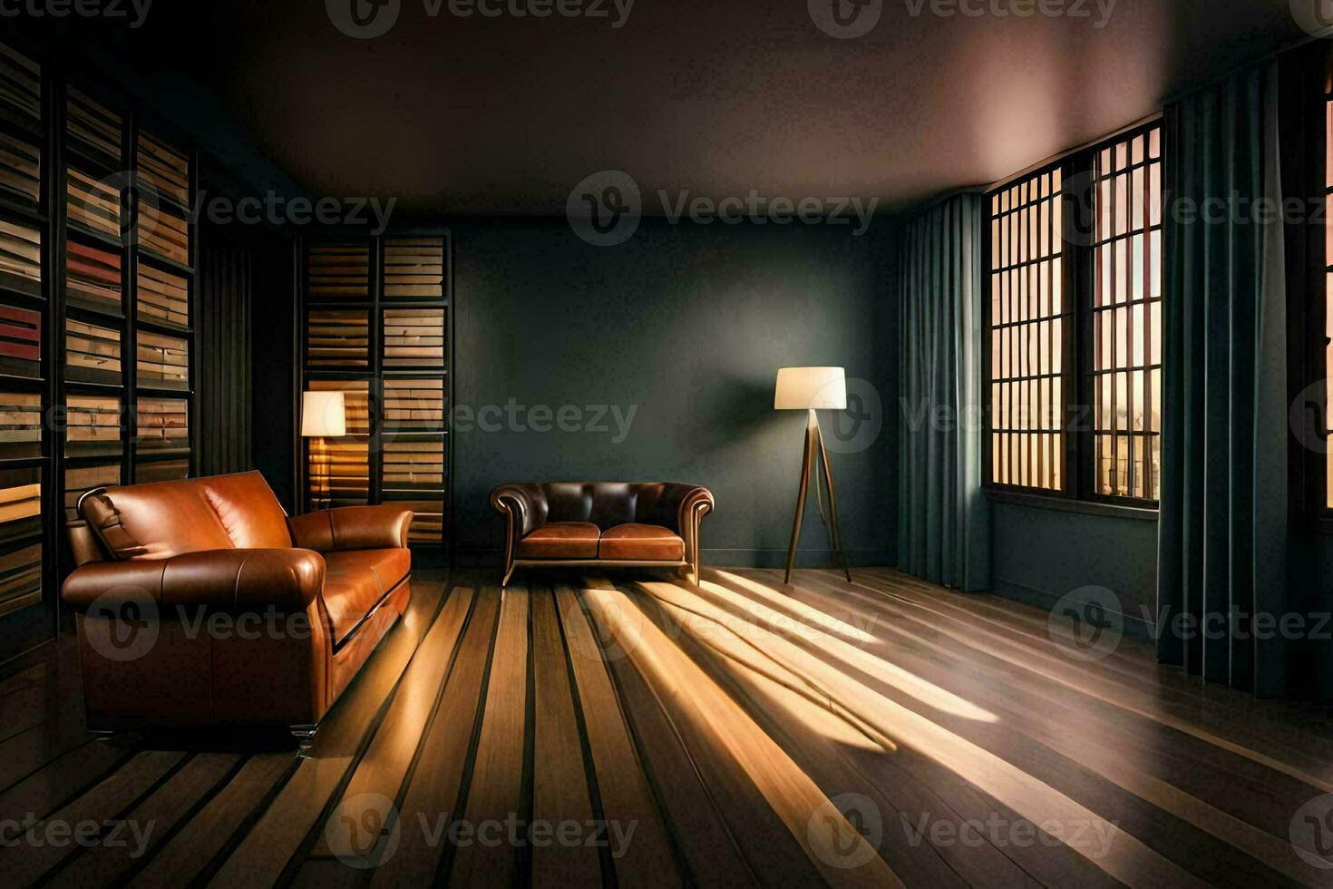 a room with leather furniture and a large window. AI-Generated photo