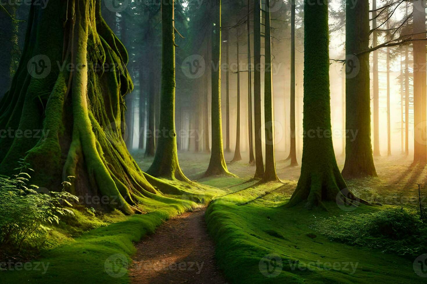 a path through a forest with trees and moss. AI-Generated photo