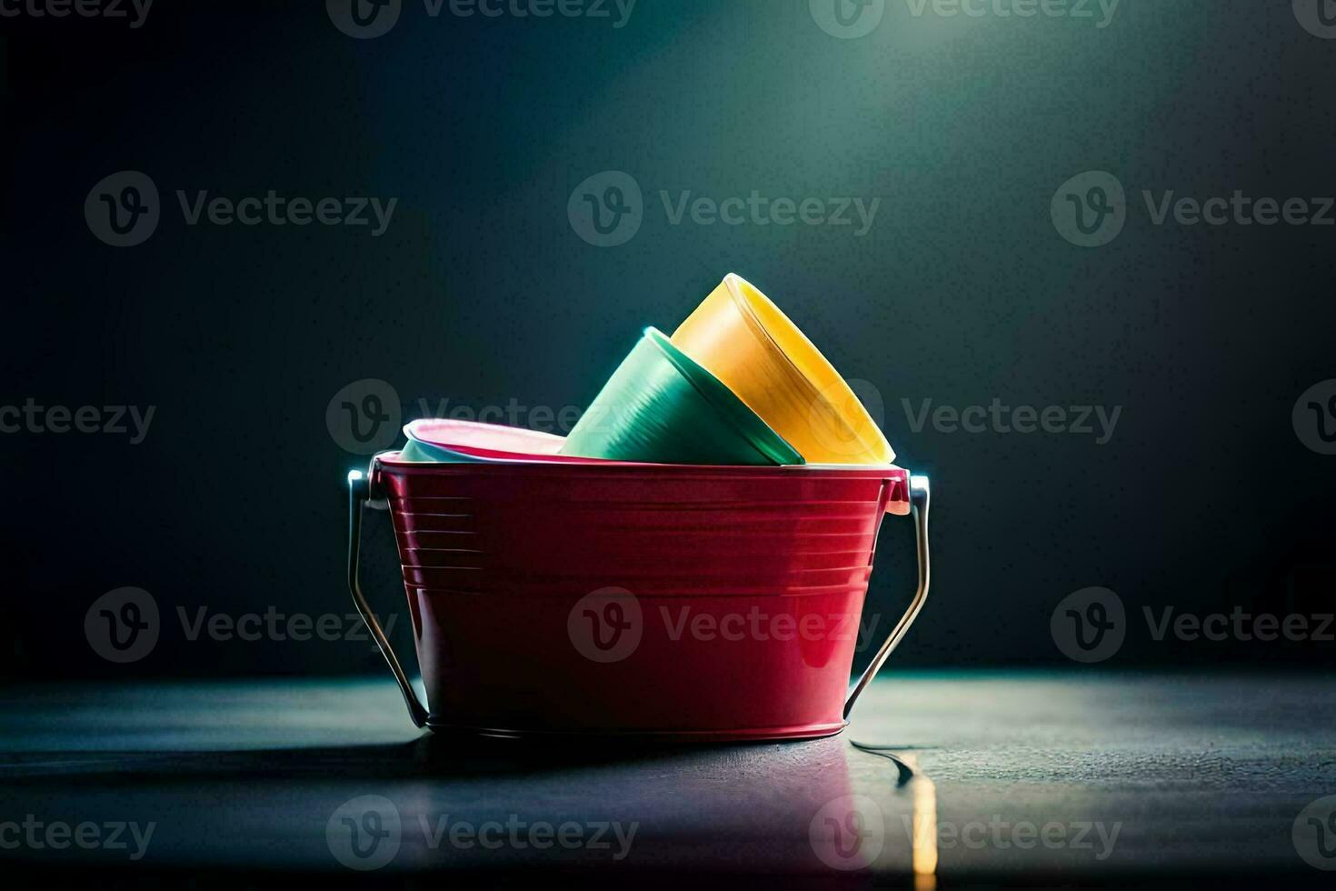 colorful plastic buckets on a dark table. AI-Generated photo