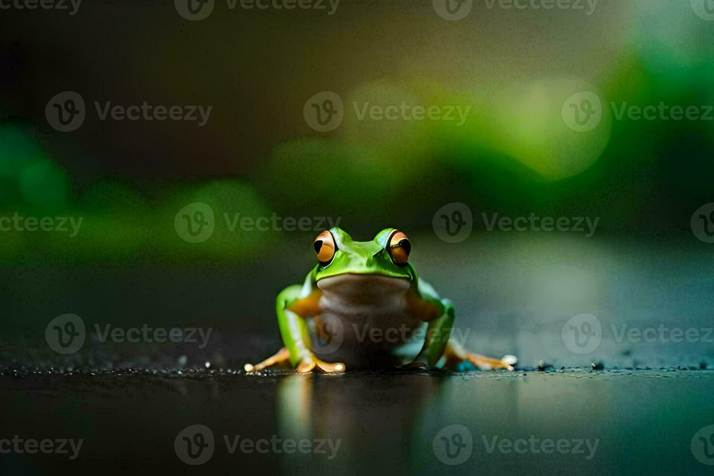 a frog sitting on the ground with a green background. AI-Generated photo