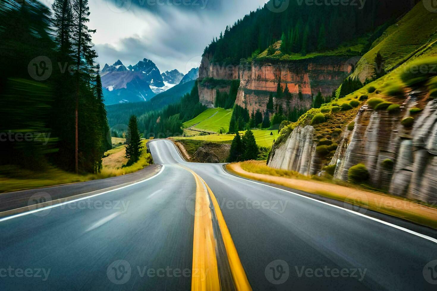 a road in the mountains with mountains in the background. AI-Generated photo