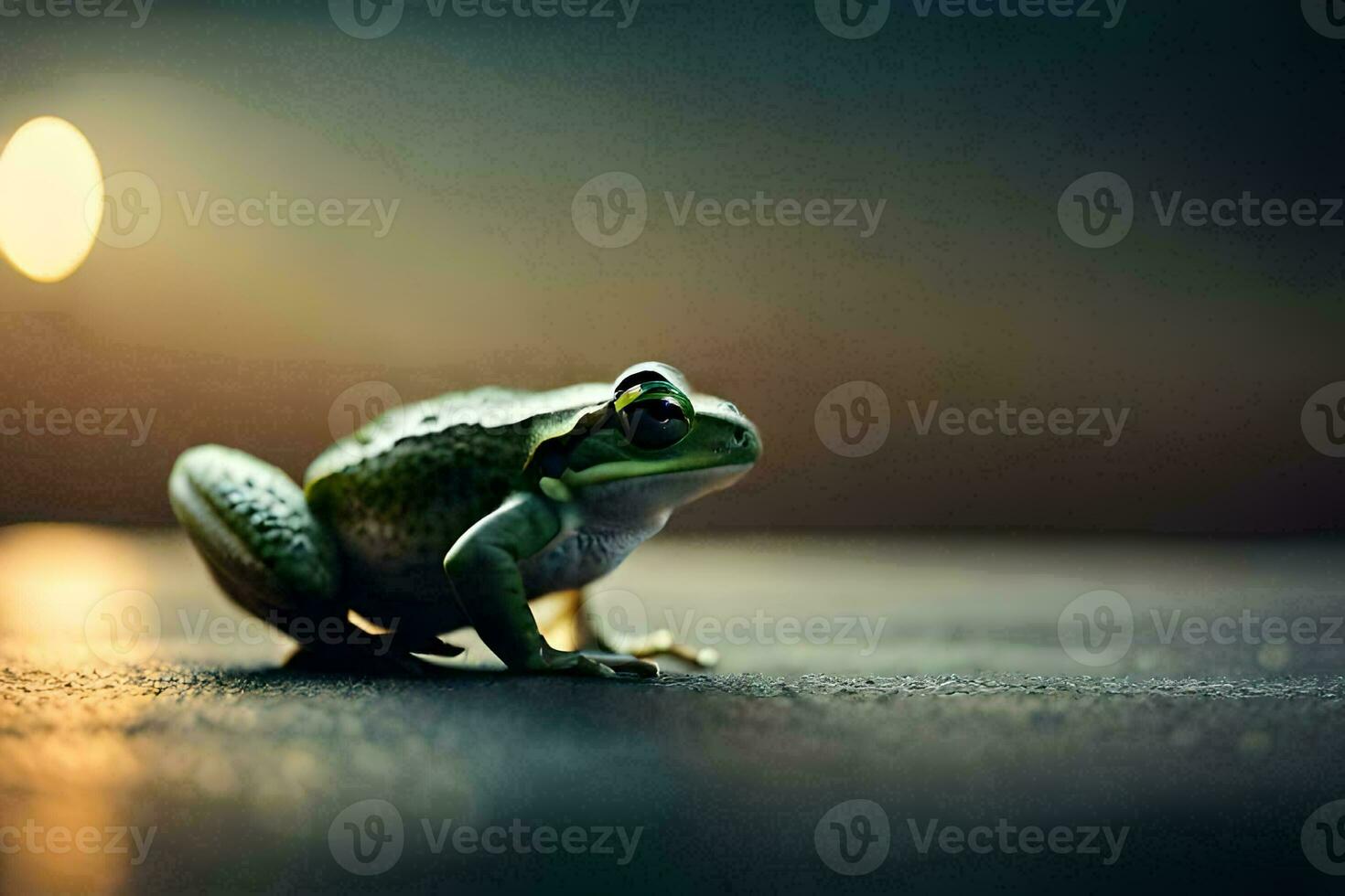 a frog sitting on the ground in front of a bright light. AI-Generated photo