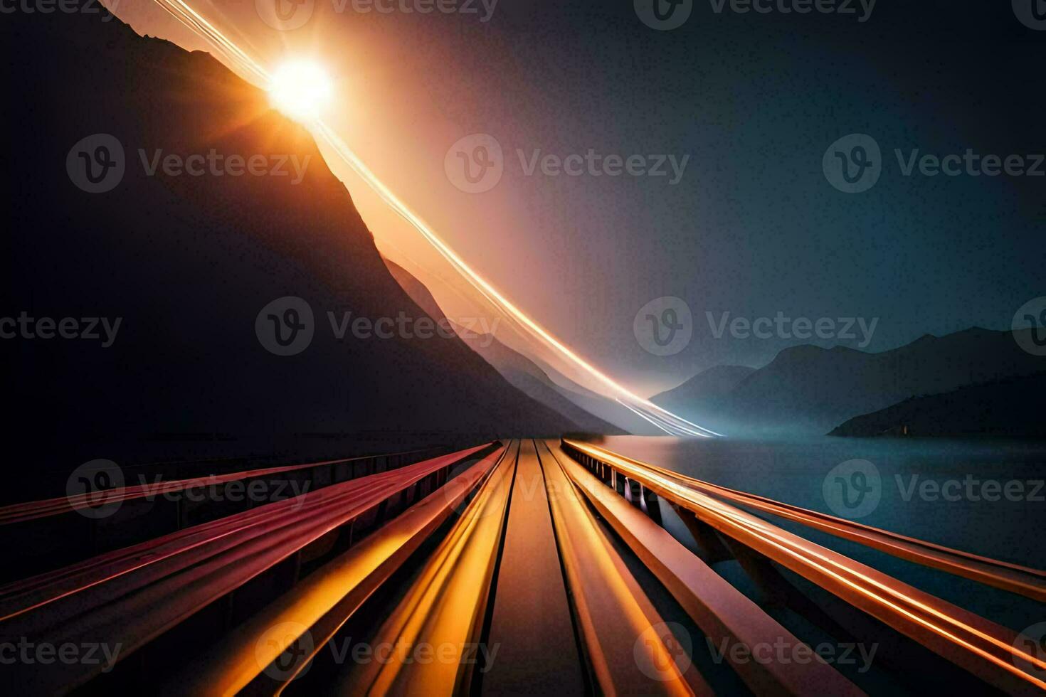 a long exposure photograph of a train going over a mountain. AI-Generated photo