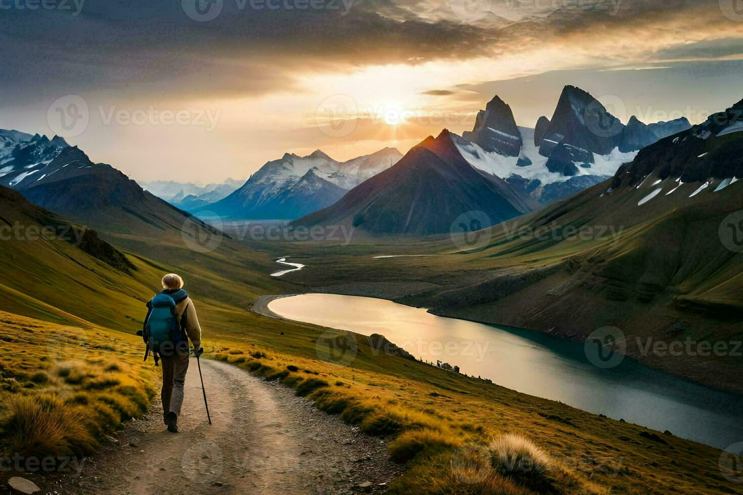 a man walks on a path in the mountains. AI-Generated photo