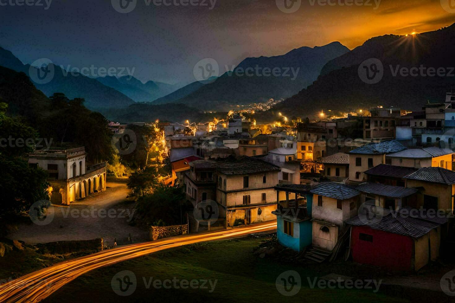 a town at night with lights on the mountains. AI-Generated photo