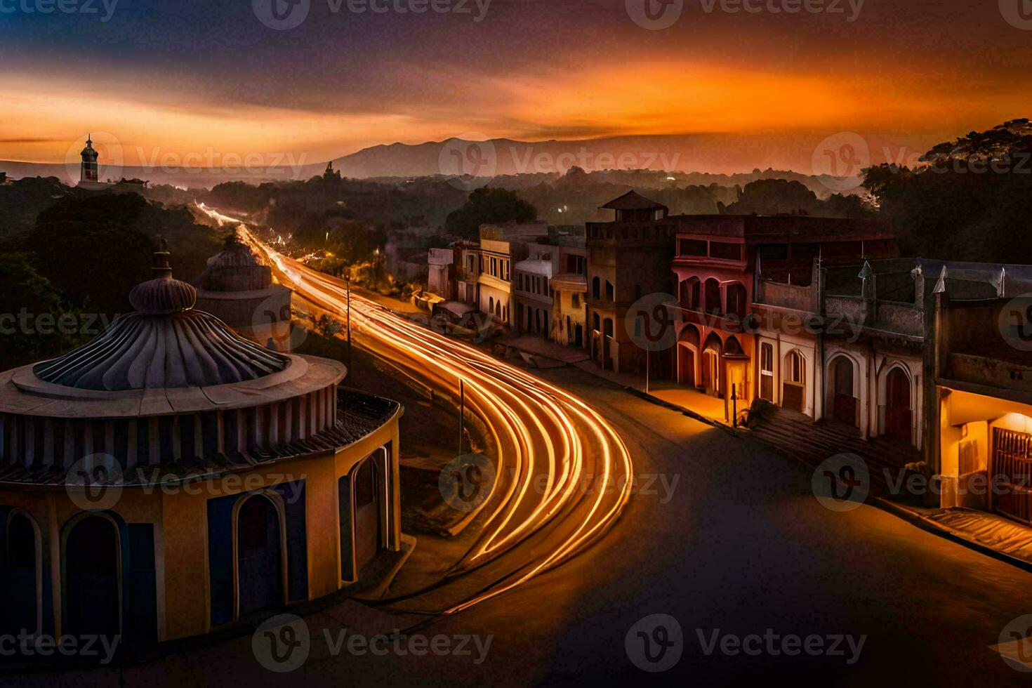 a city street at sunset with long exposure. AI-Generated photo