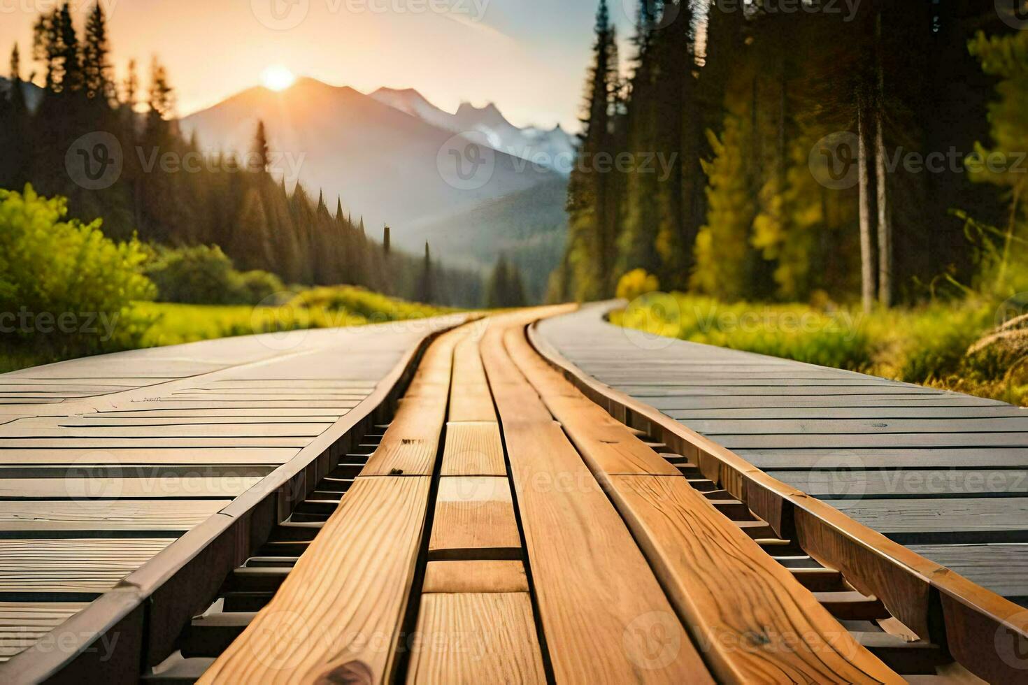 a wooden railroad track in the mountains. AI-Generated photo
