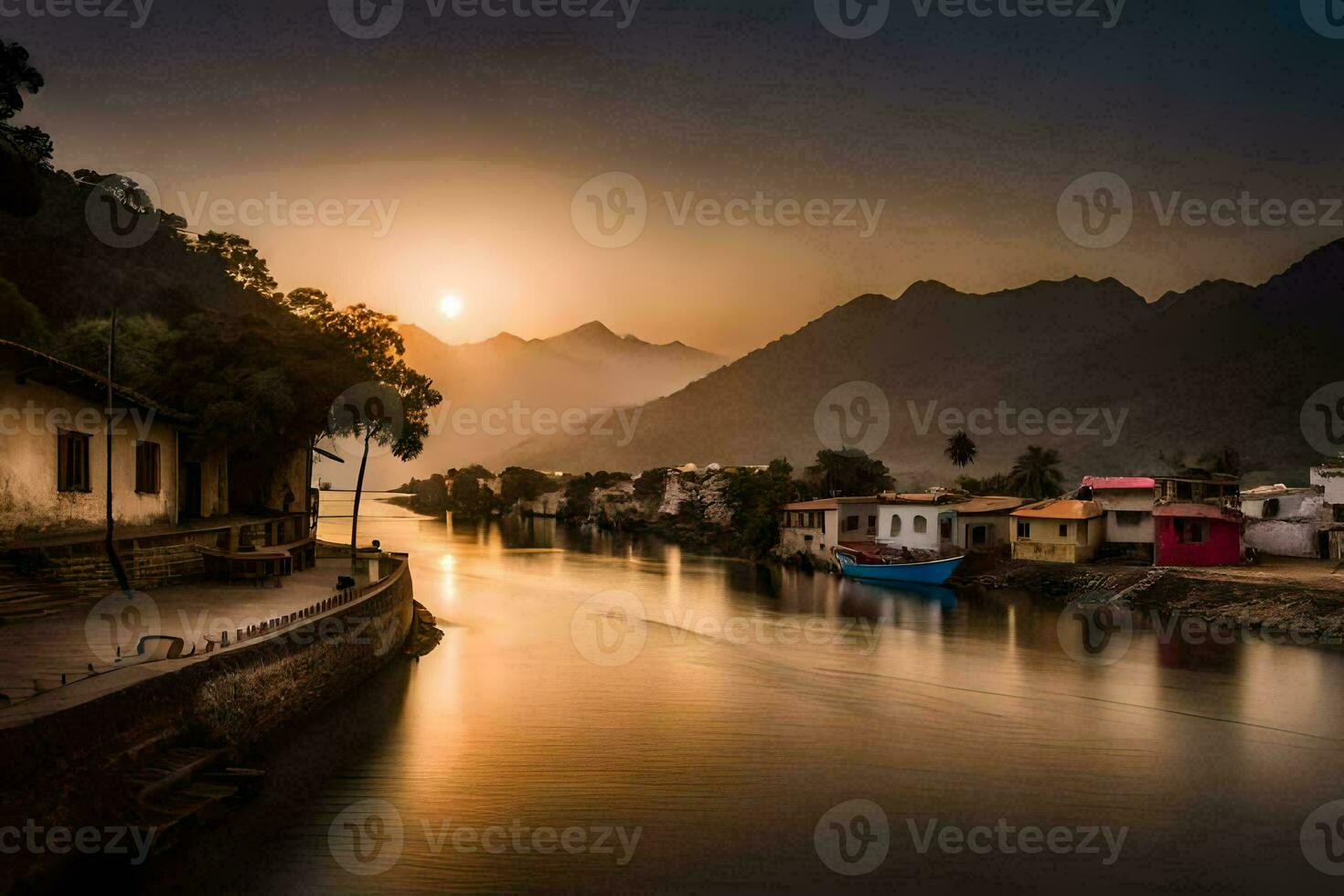 the sun sets over a river in india. AI-Generated photo