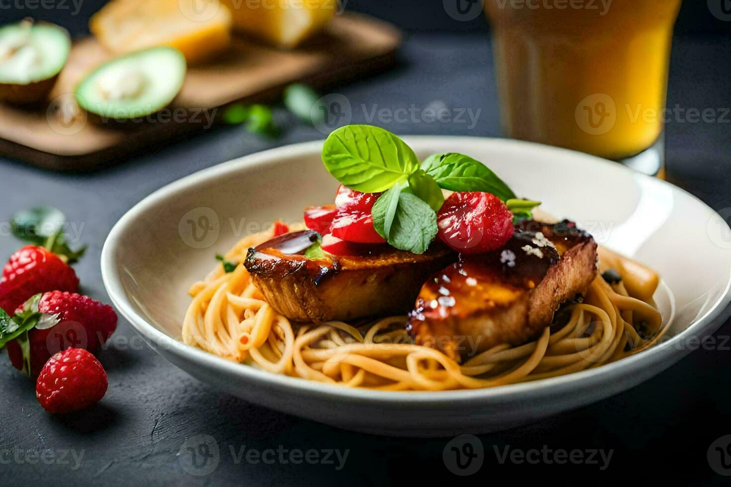 a bowl of spaghetti with meat and berries. AI-Generated photo