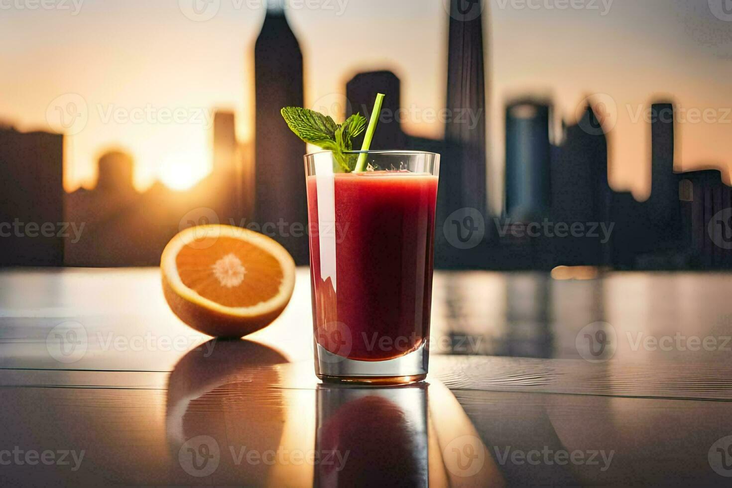 un vaso de jugo con un naranja rebanada en el mesa en frente de un ciudad horizonte. generado por ai foto