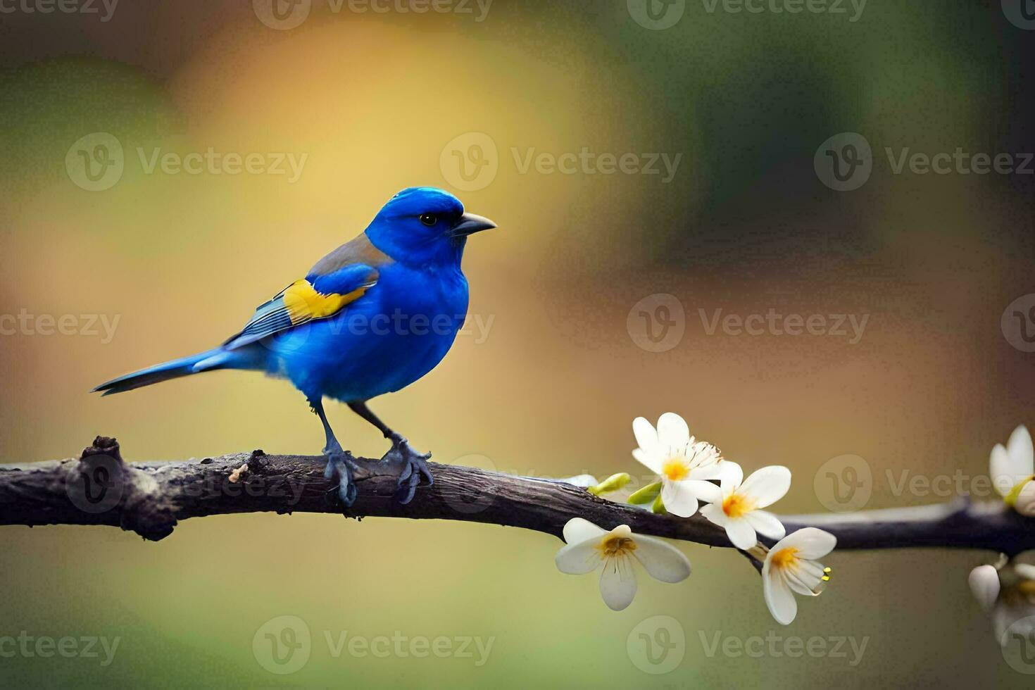 a blue bird sits on a branch with white flowers. AI-Generated photo