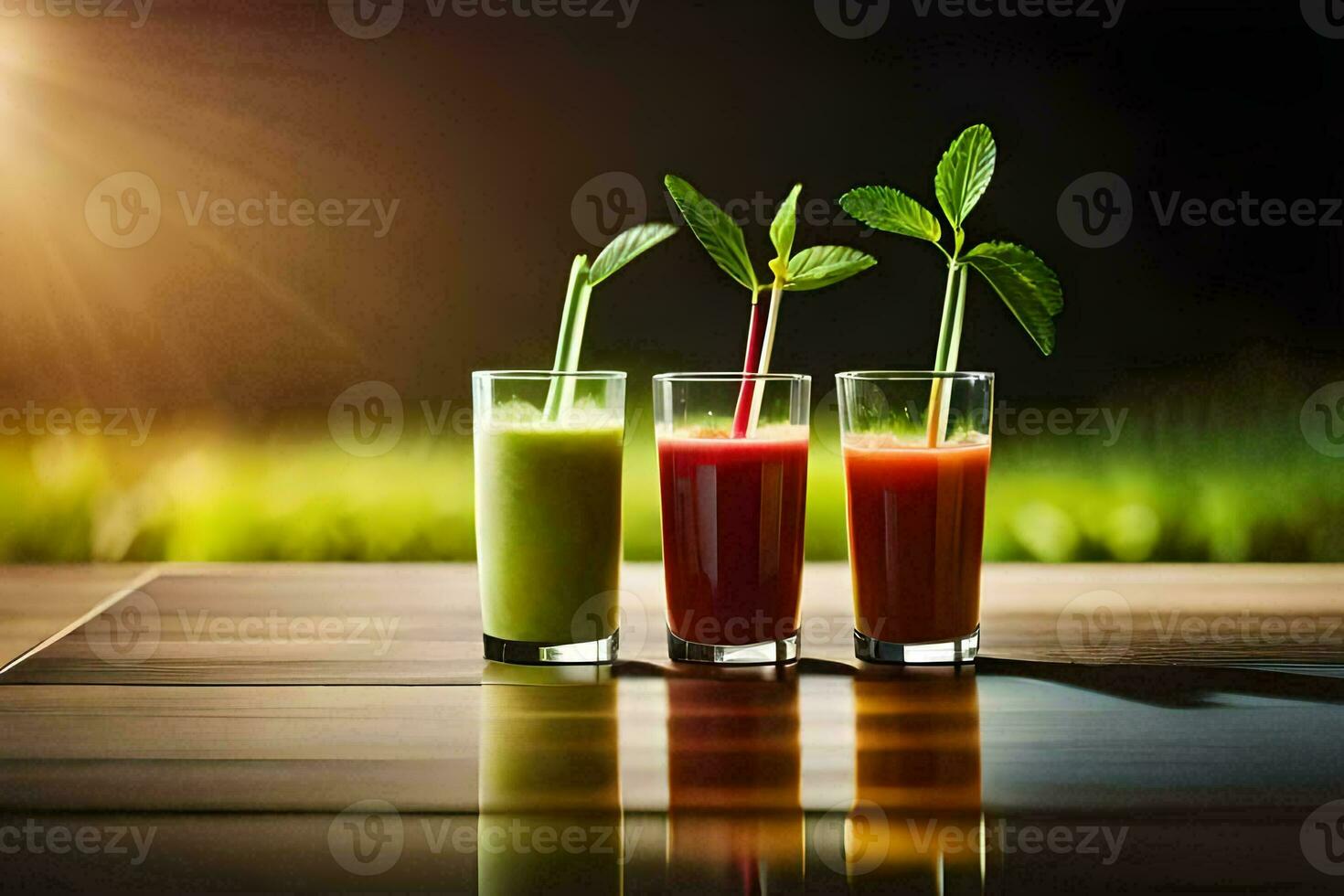 three glasses of juice with leaves on the table. AI-Generated photo