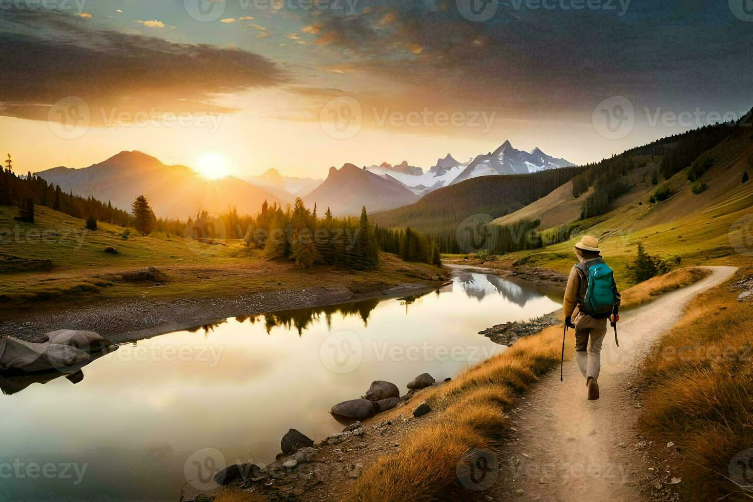 a person walking along a path in the mountains at sunset. AI-Generated photo